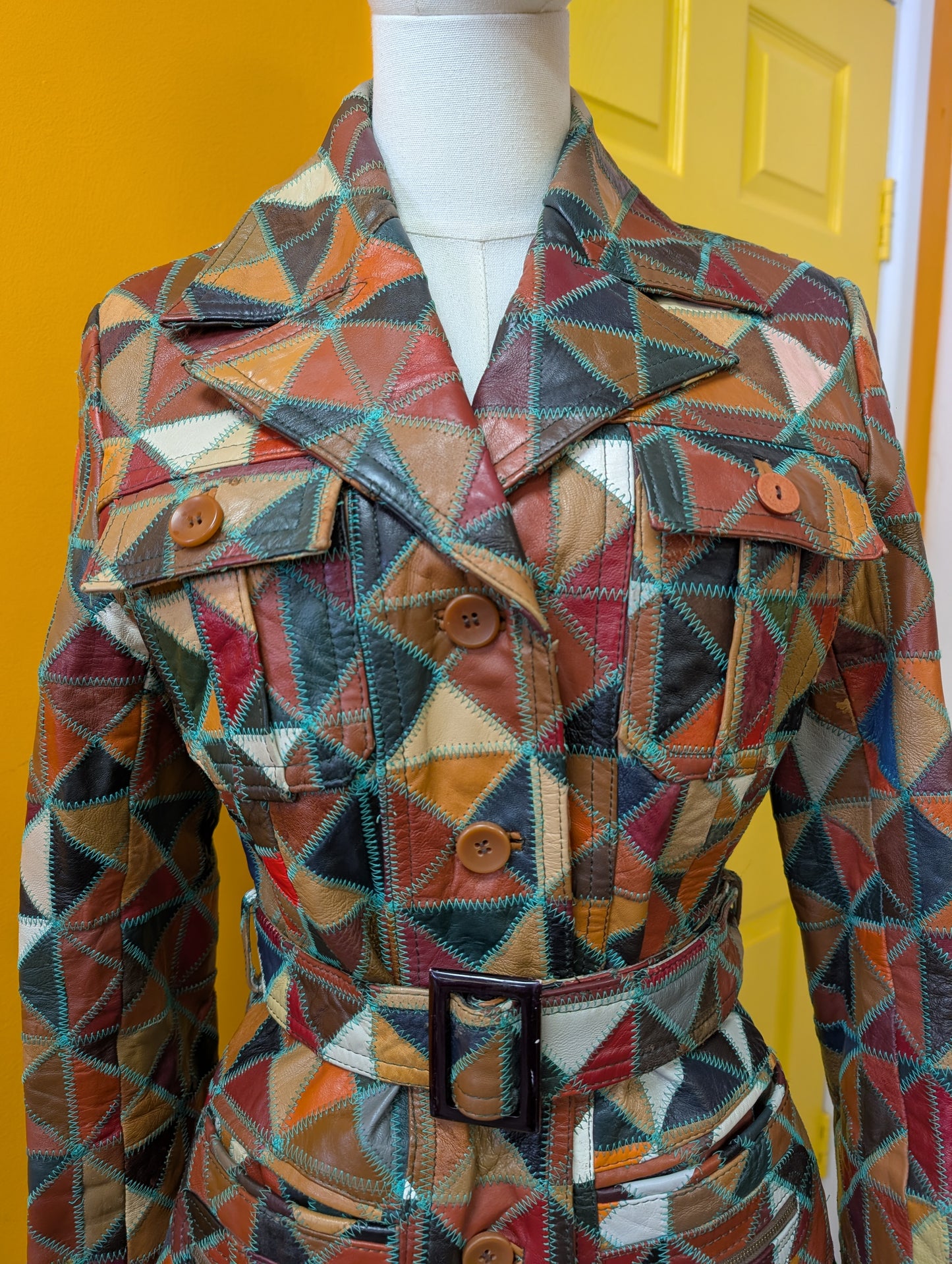1970s patchwork leather jacket and belt - XS/S