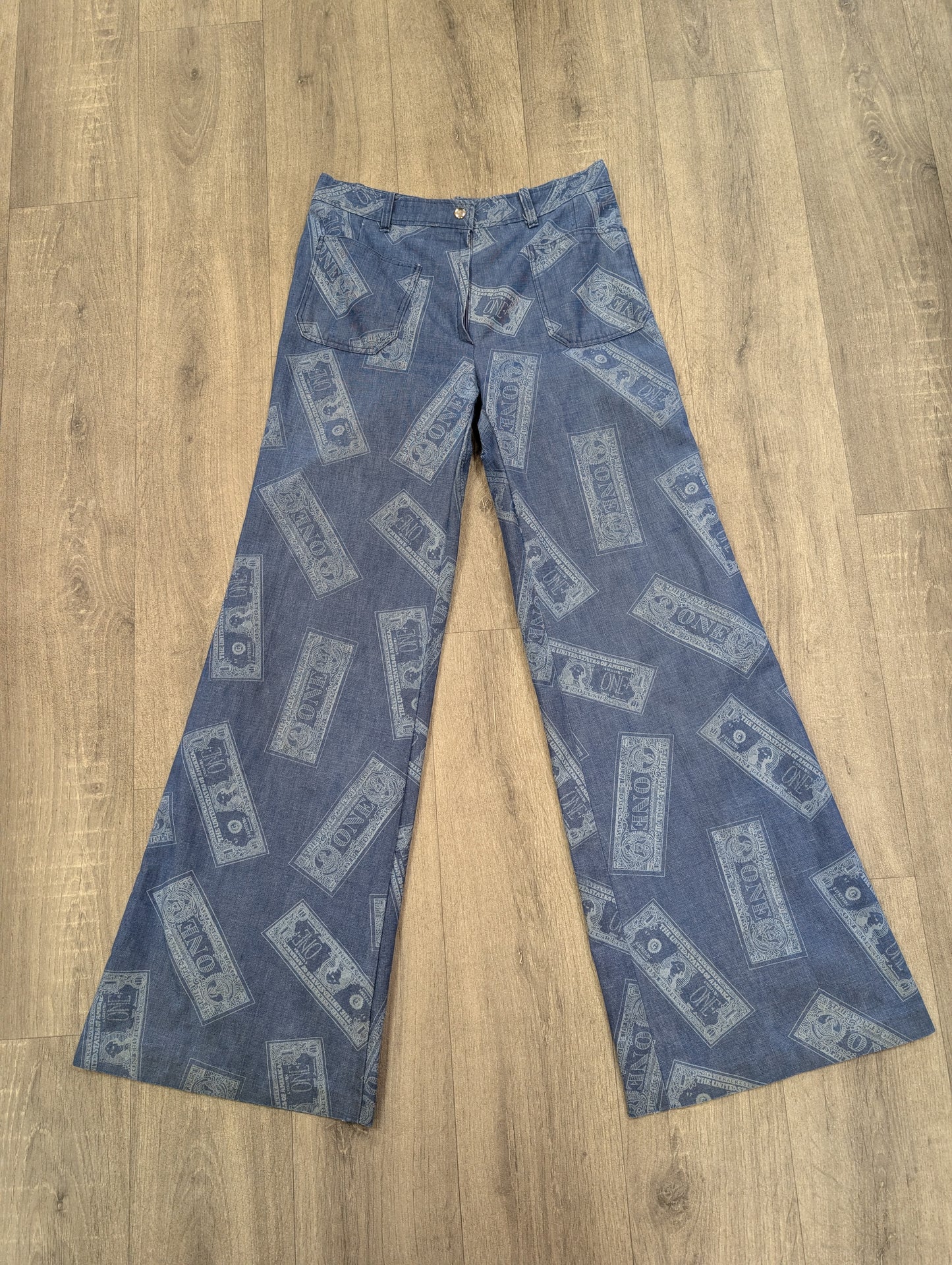 1970s Dereta novelty dollar bill print flares and shirt trouser suit - S
