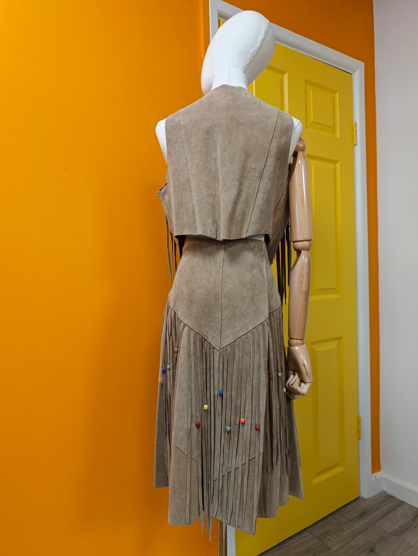 1970s beaded fringed suede skirt & waistcoat - M/12/14