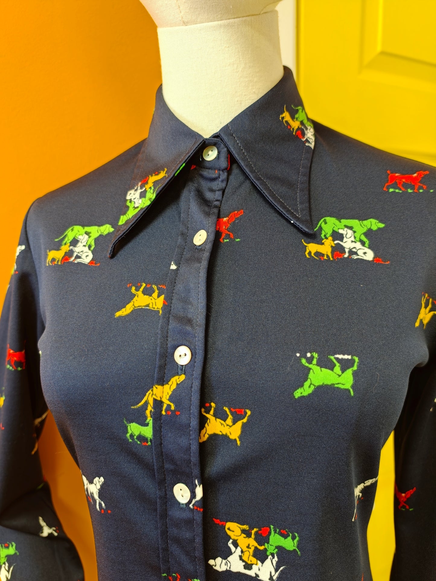 1970s dog print dagger collar shirt - XS/S