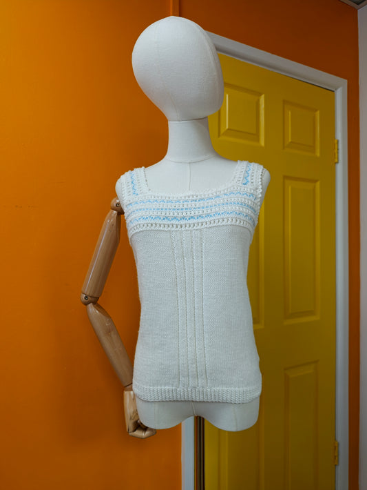 Hand knitted blue & white vest - S