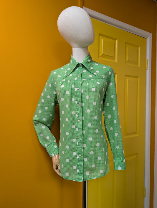 1970s green & white polka dot dagger collar shirt - M