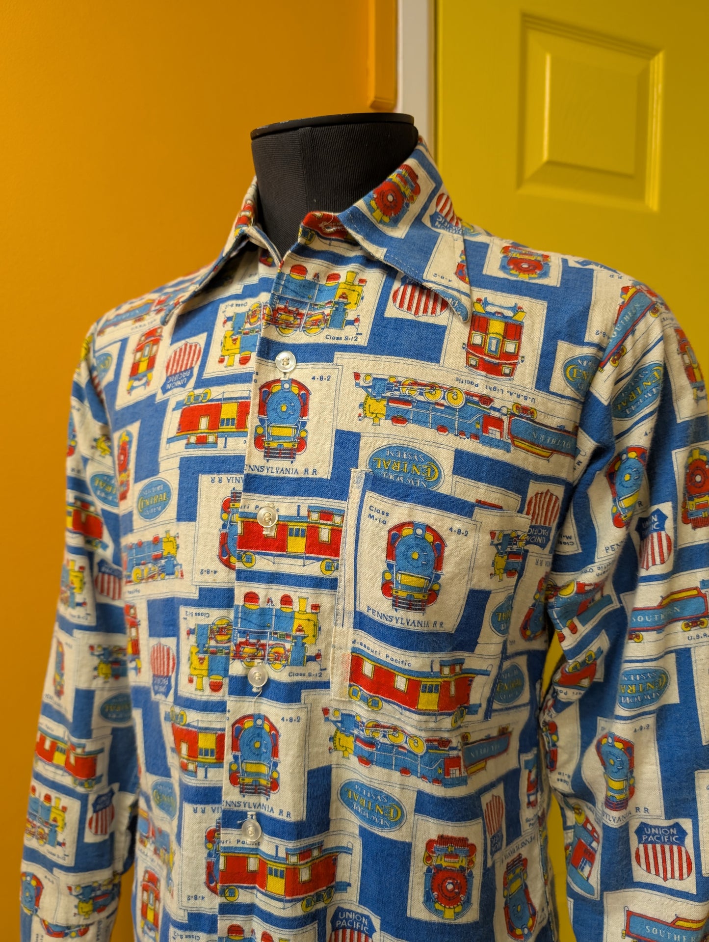 1960s Prest-Rite novelty train print cotton flannel shirt