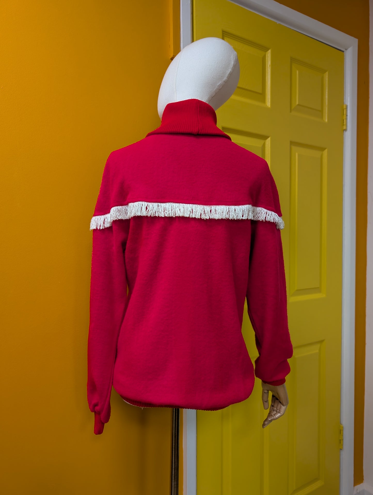 Deadstock 1980s Tigi Wear red embroidered fringed jumper - S