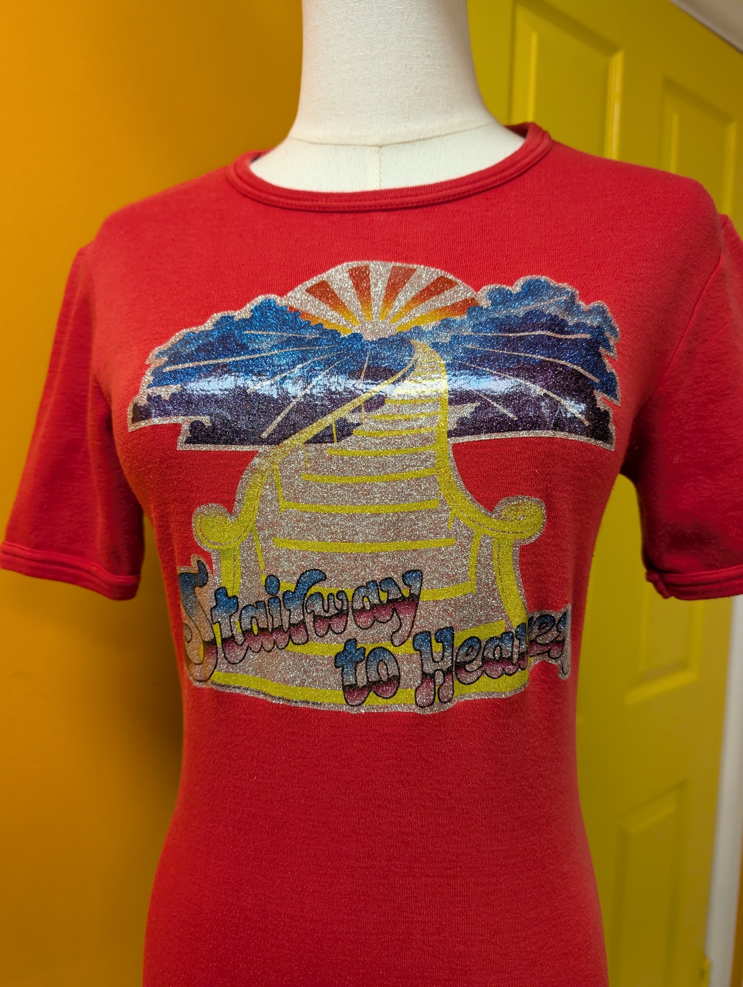 1970s red t-shirt with Led Zeppelin Stairway to Heaven glitter transfer