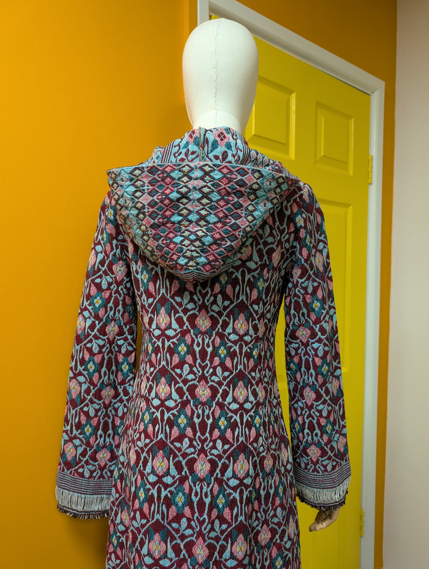 60s/70s cotton tapestry hooded maxi coat - XS