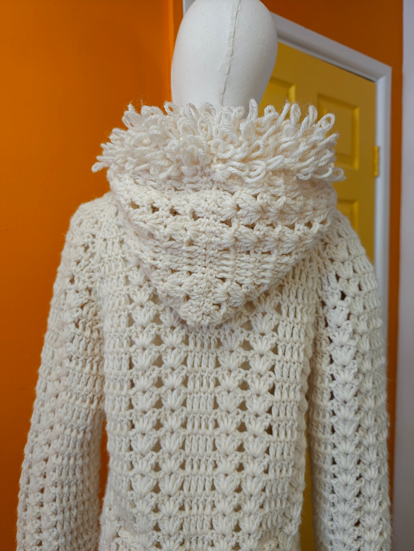 1970s crochet loop stitch hooded long cardigan