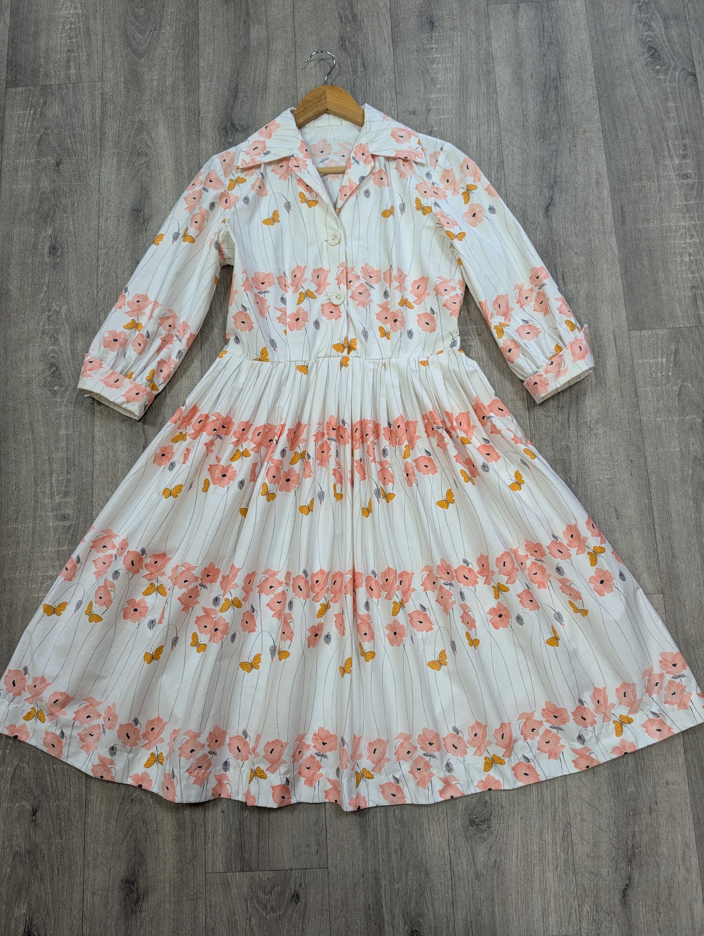 50s/60s floral butterfly print cotton dress - 37"B 29"W