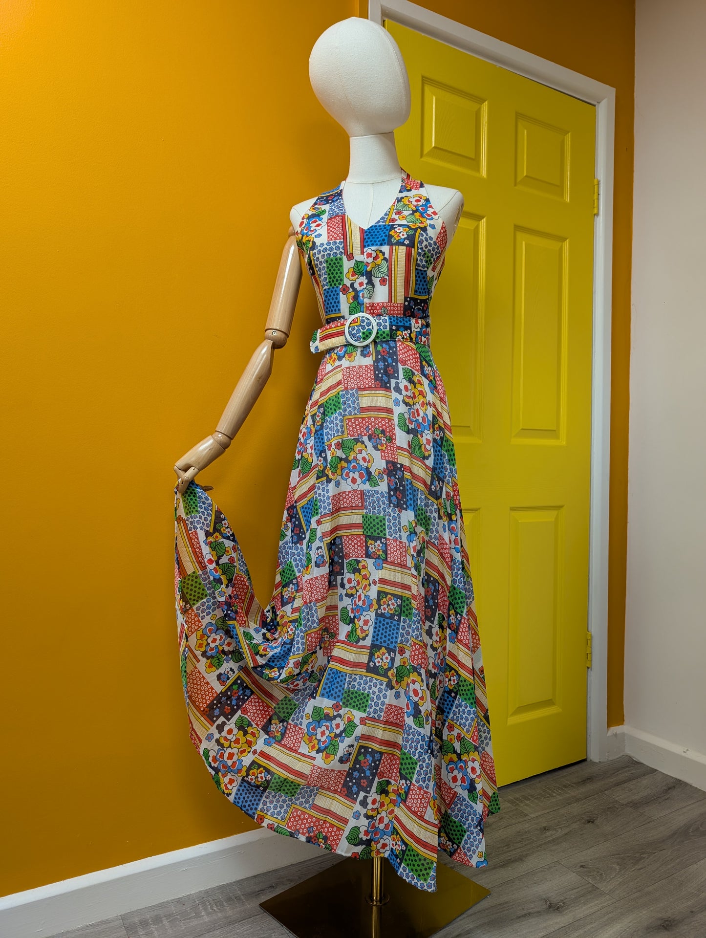 1970s Shubette patchwork print halter neck maxi dress - S/8