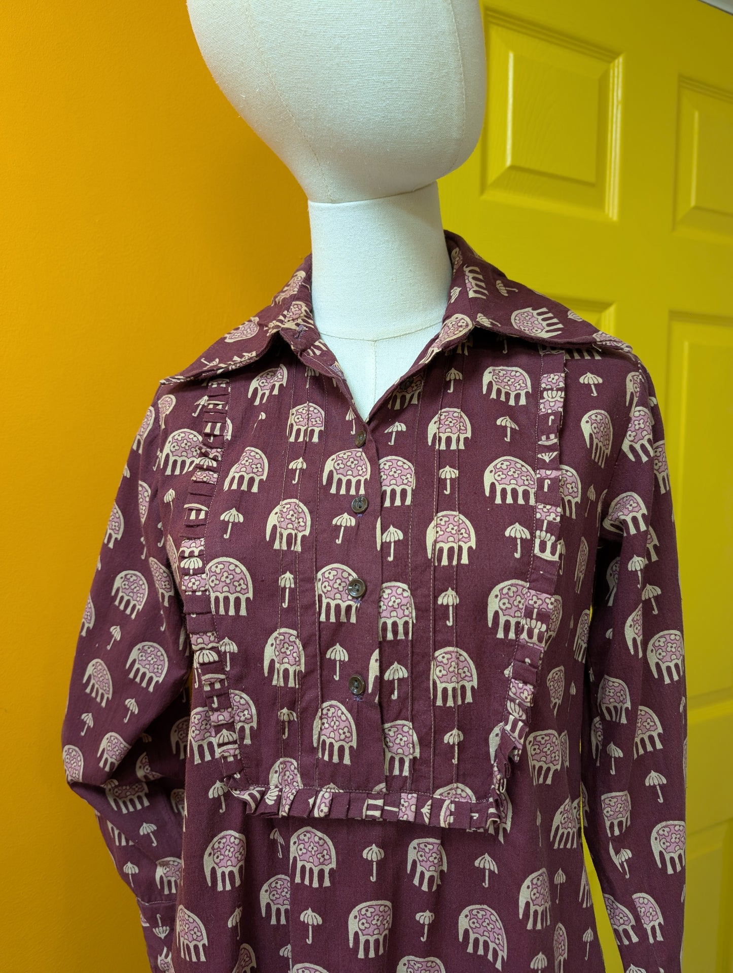 1970s India Imports elephant print cotton dress & belt - S/M
