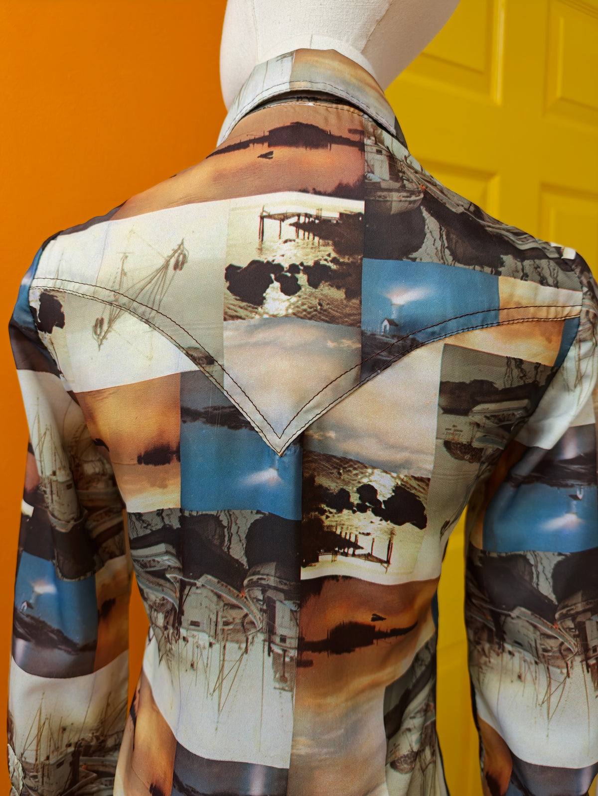 1970s photo print dagger collar shirt - XS