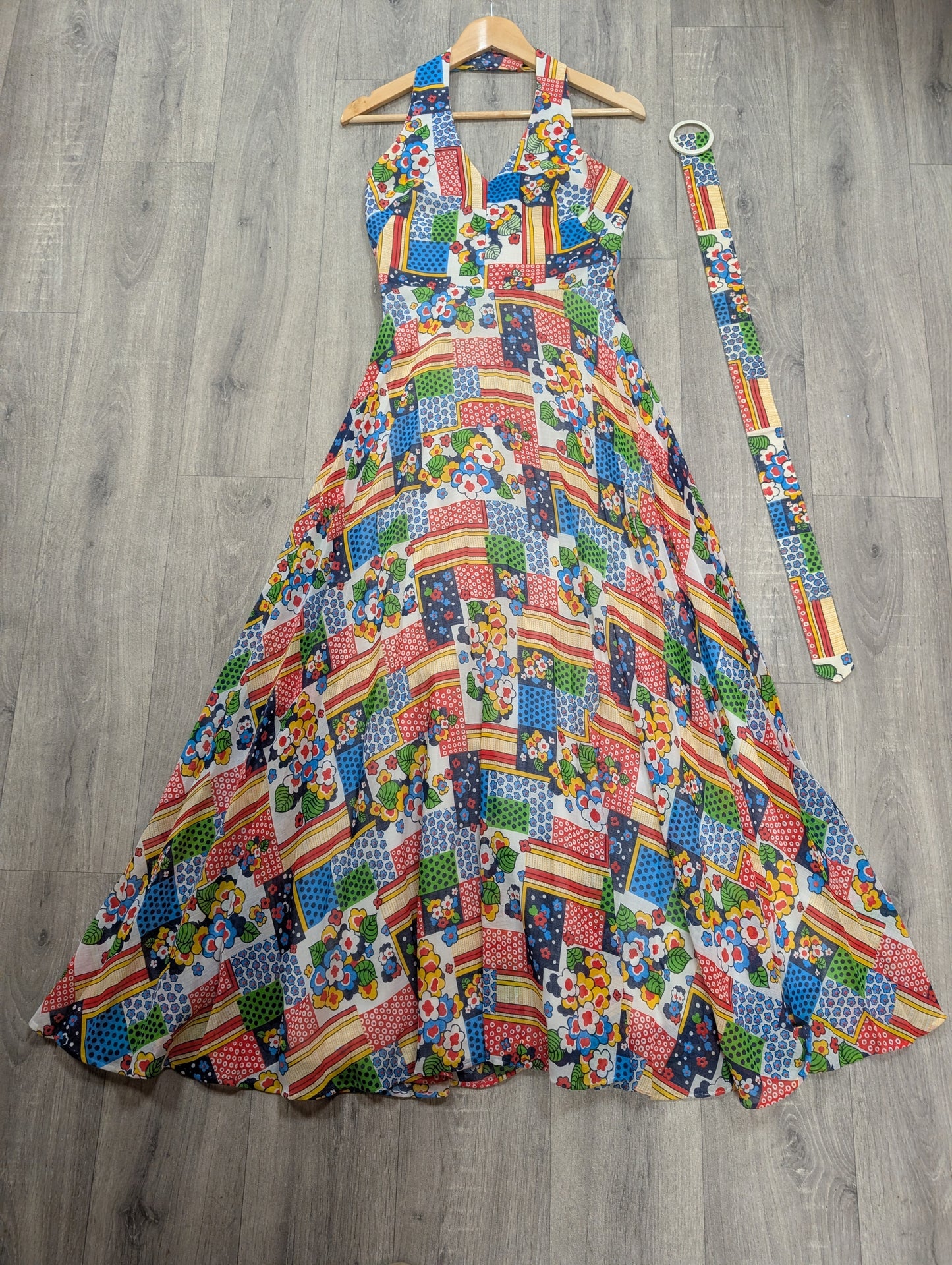 1970s Shubette patchwork print halter neck maxi dress - S/8