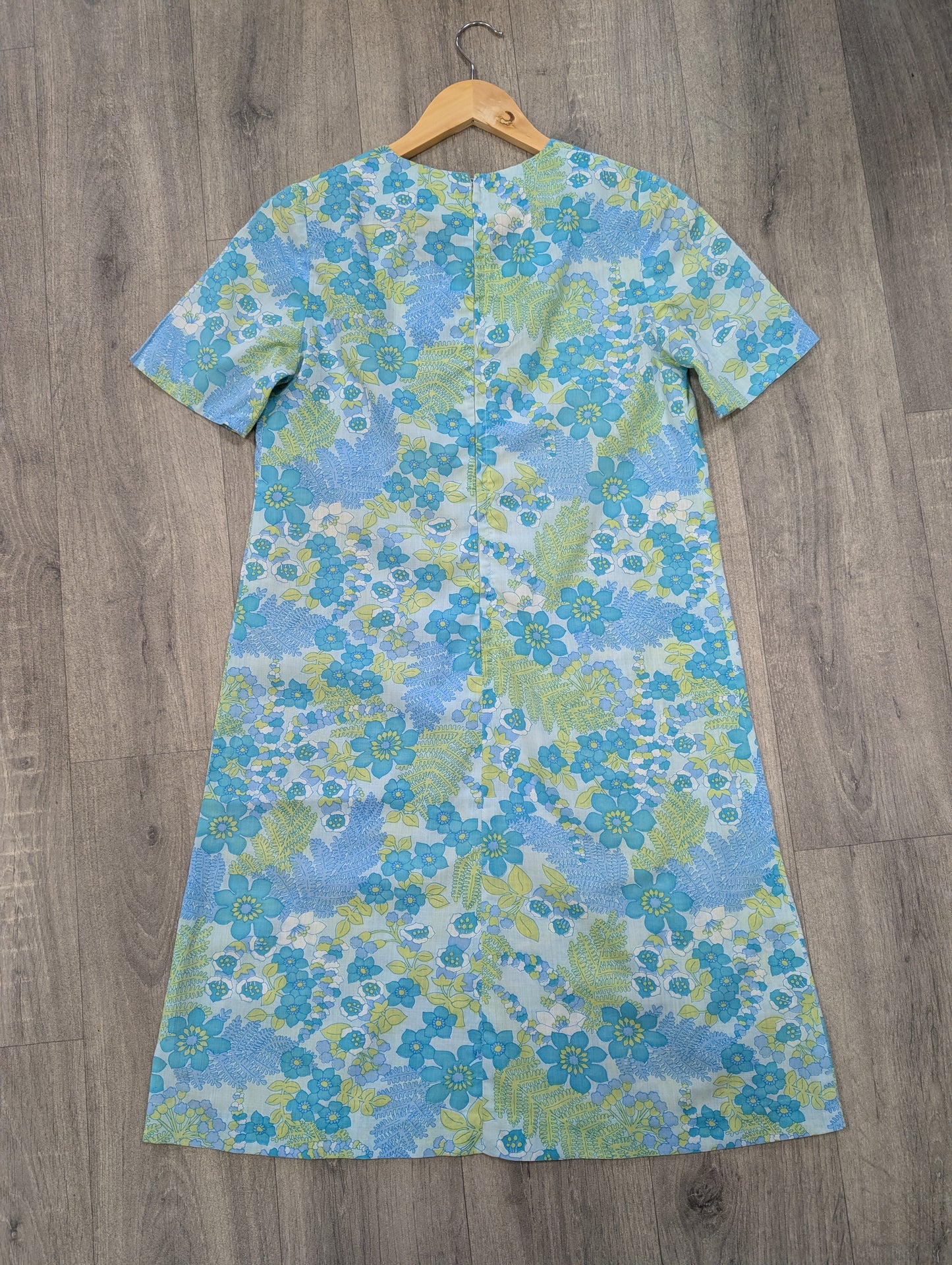 60s/70s green & blue floral dress - S/8/10