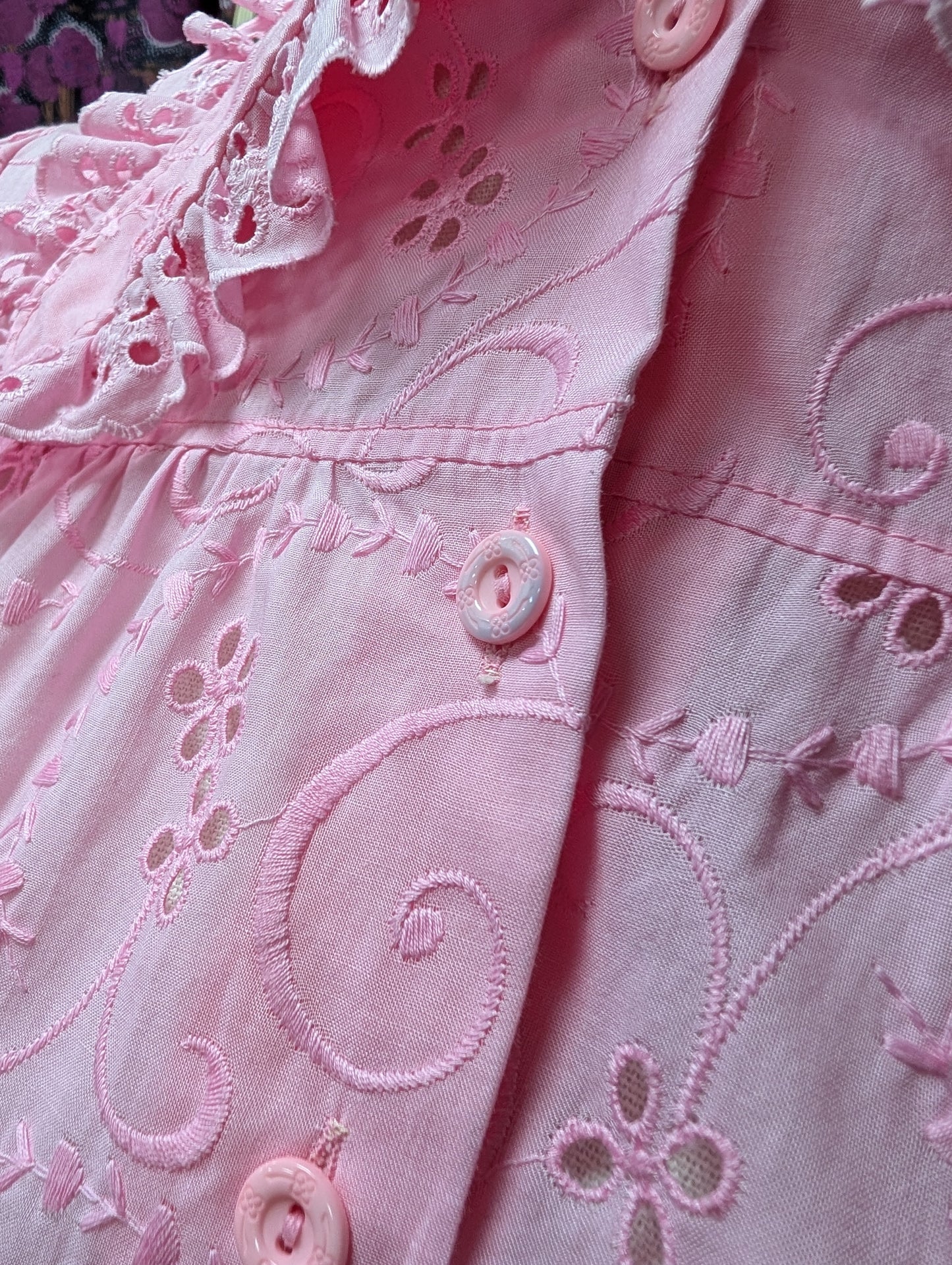 1970s pink broderie anglaise cotton blouse - XS
