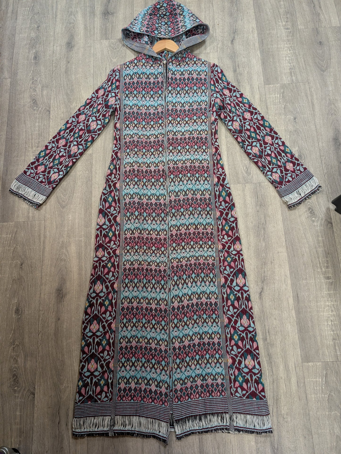 60s/70s cotton tapestry hooded maxi coat - XS