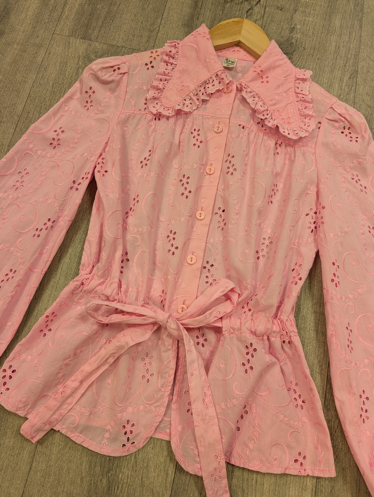 1970s pink broderie anglaise cotton blouse - XS
