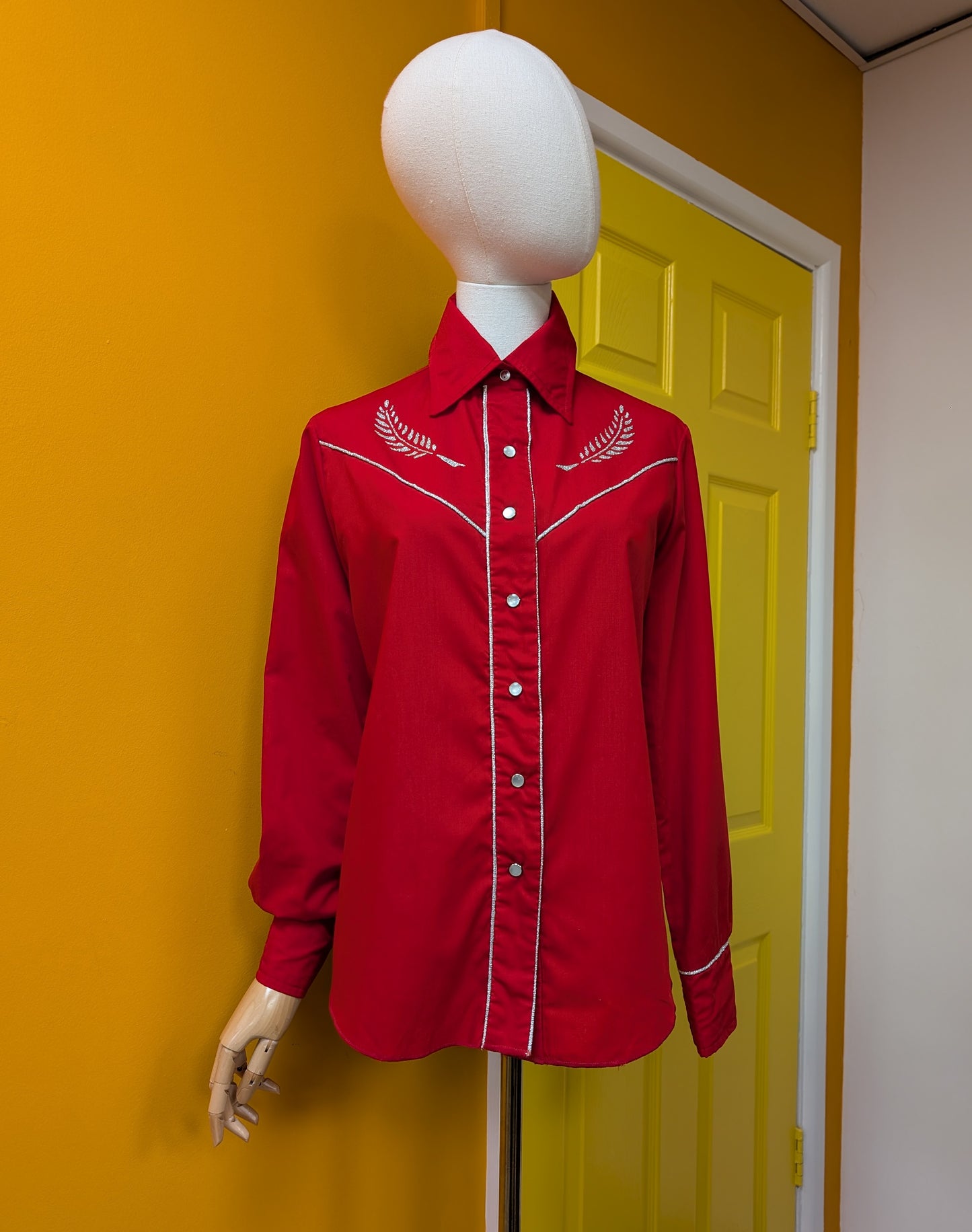 1970s red & silver western shirt - S/M