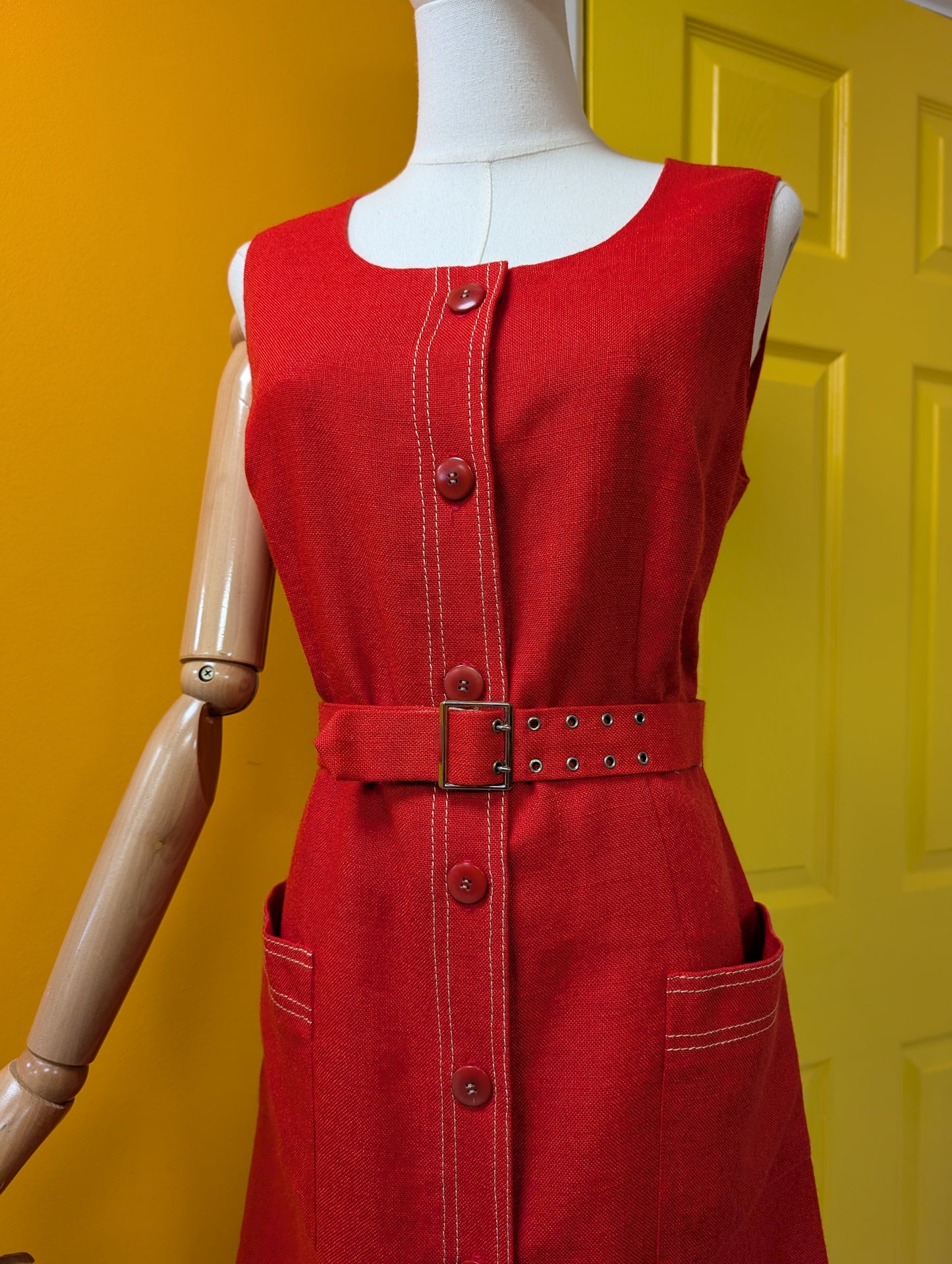 60s/70s red dress and belt - S/8/10