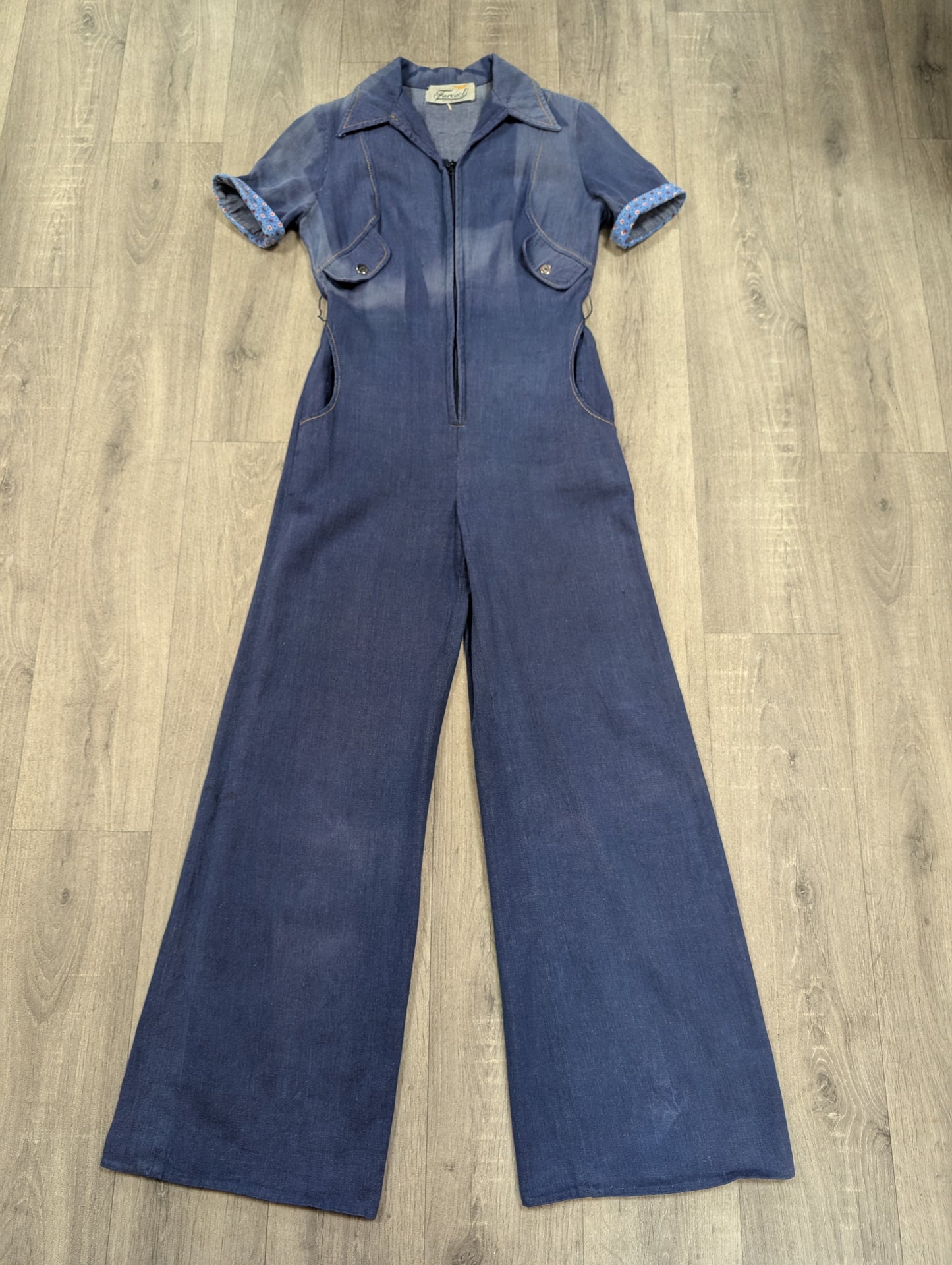 1970s Mexican denim jumpsuit with applique - S/M/10/12