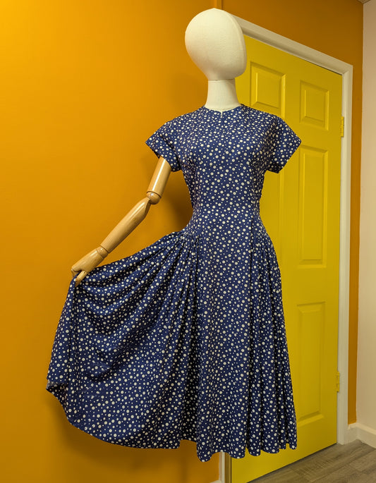 1950s 'A Diana Dress' navy/white polka dot cotton - S/8/10