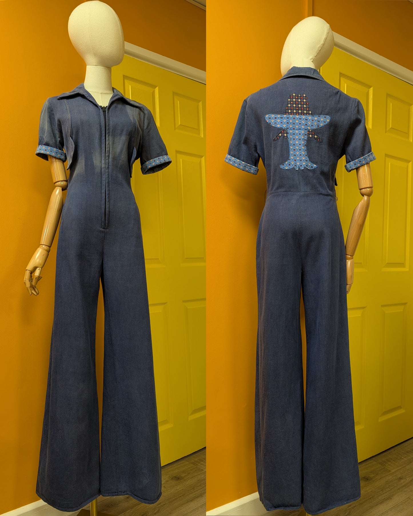 1970s Mexican denim jumpsuit with applique - S/M/10/12