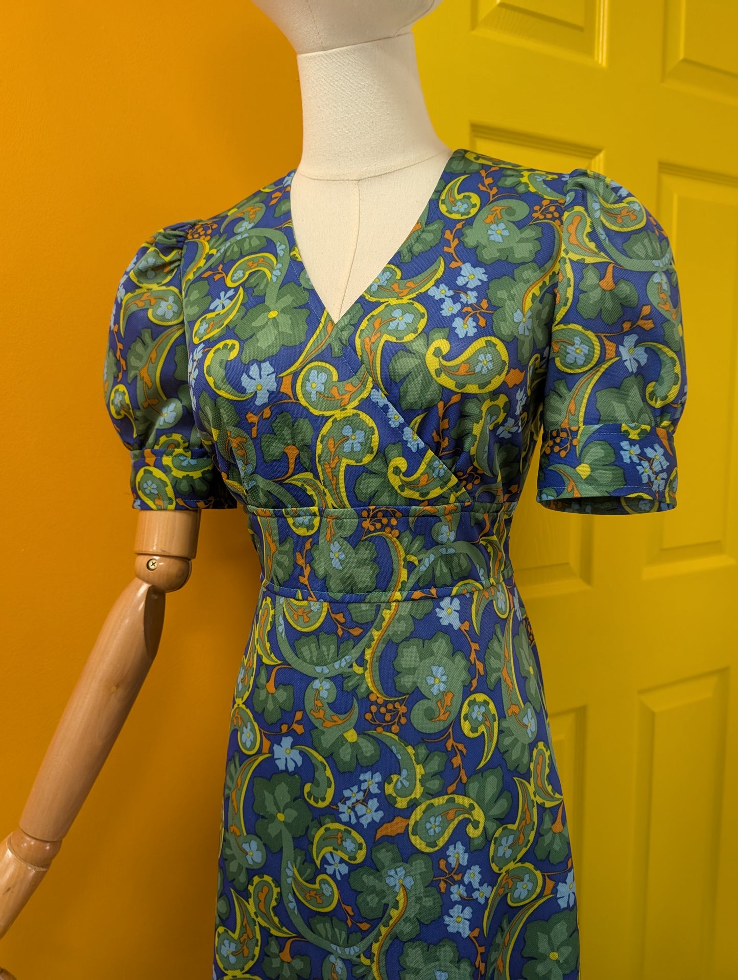 1970s green/blue paisley maxi dress - S/10