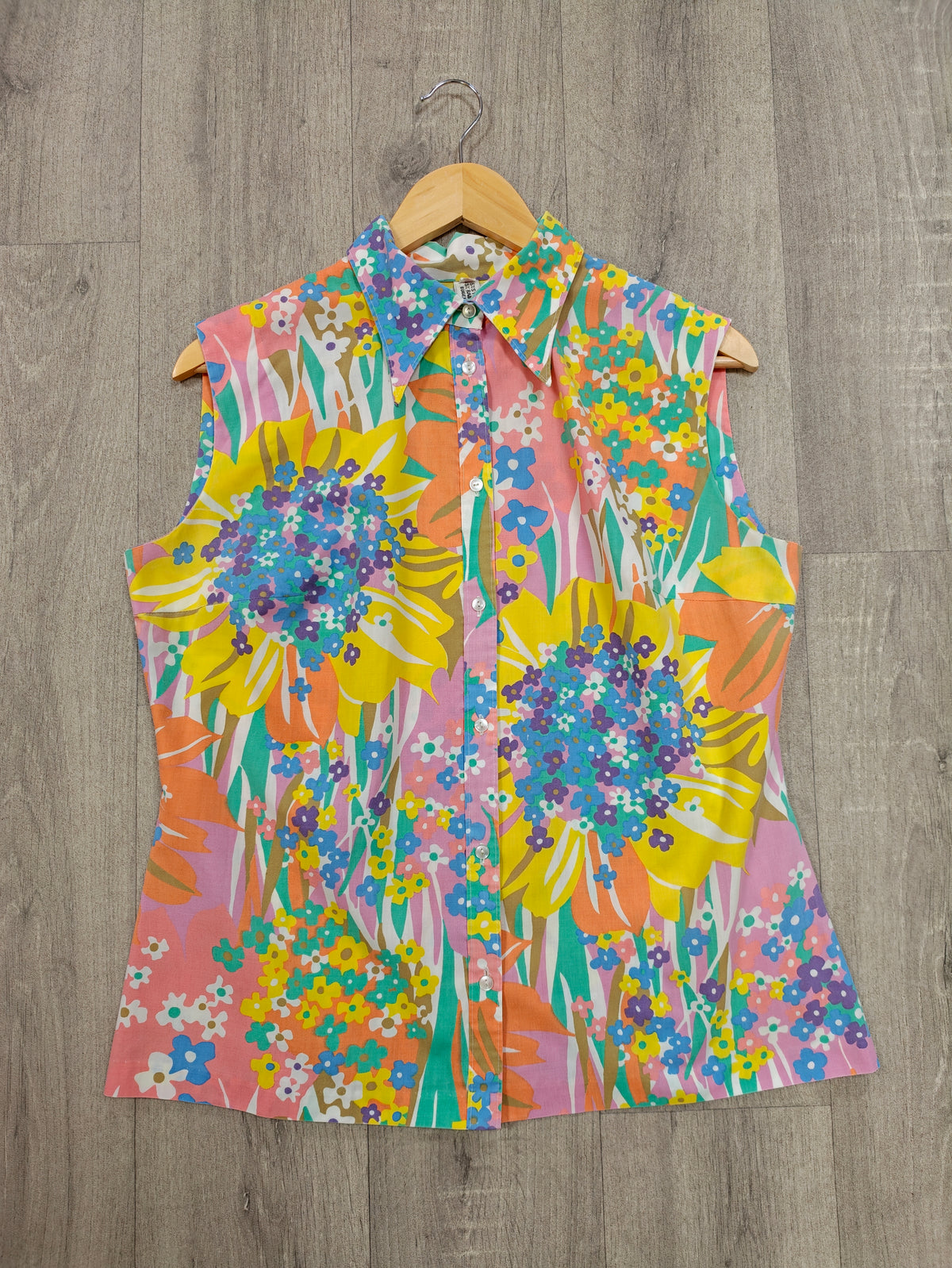 1970s psychedelic floral sleeveless top - M/L
