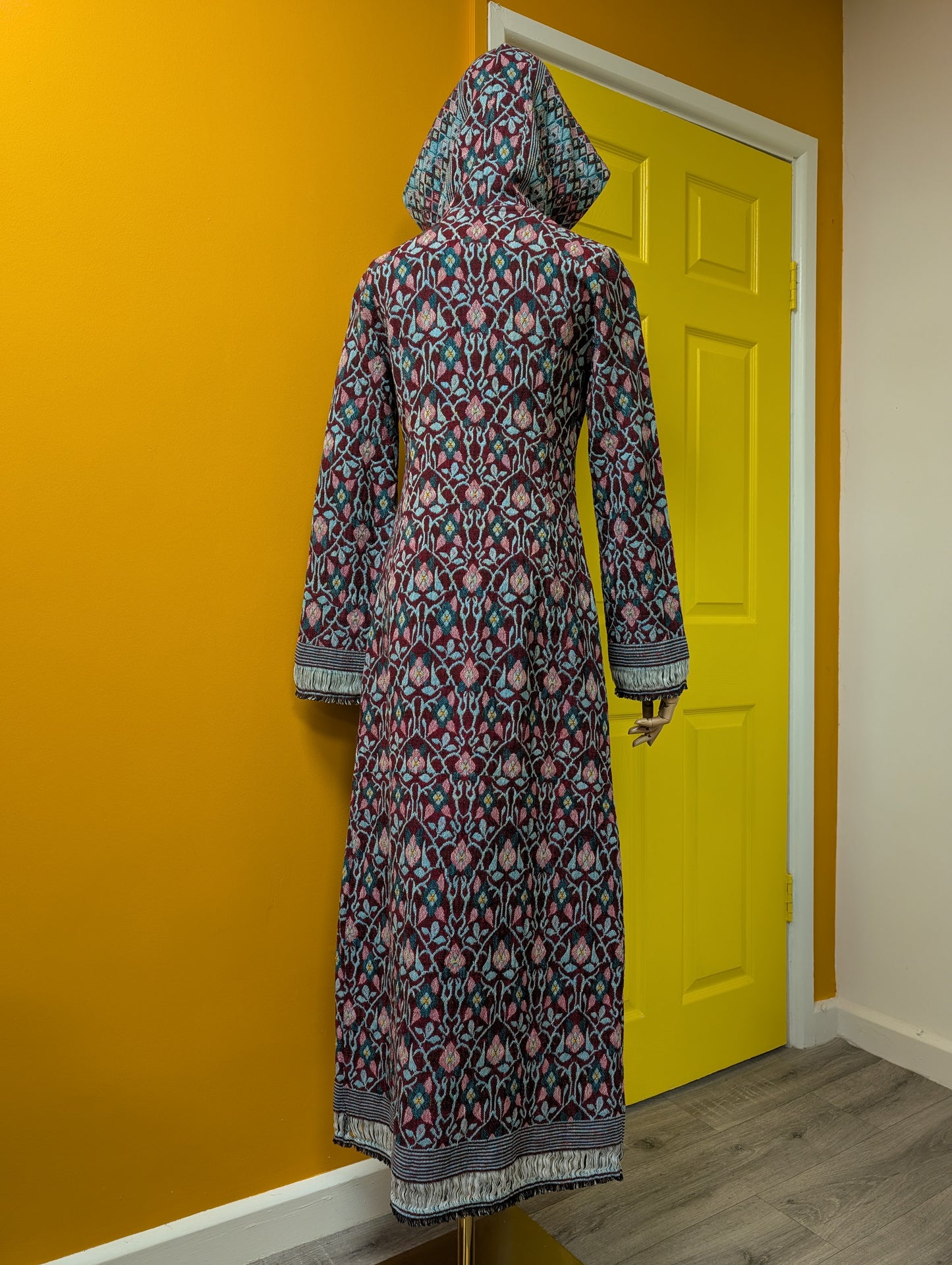 60s/70s cotton tapestry hooded maxi coat - XS