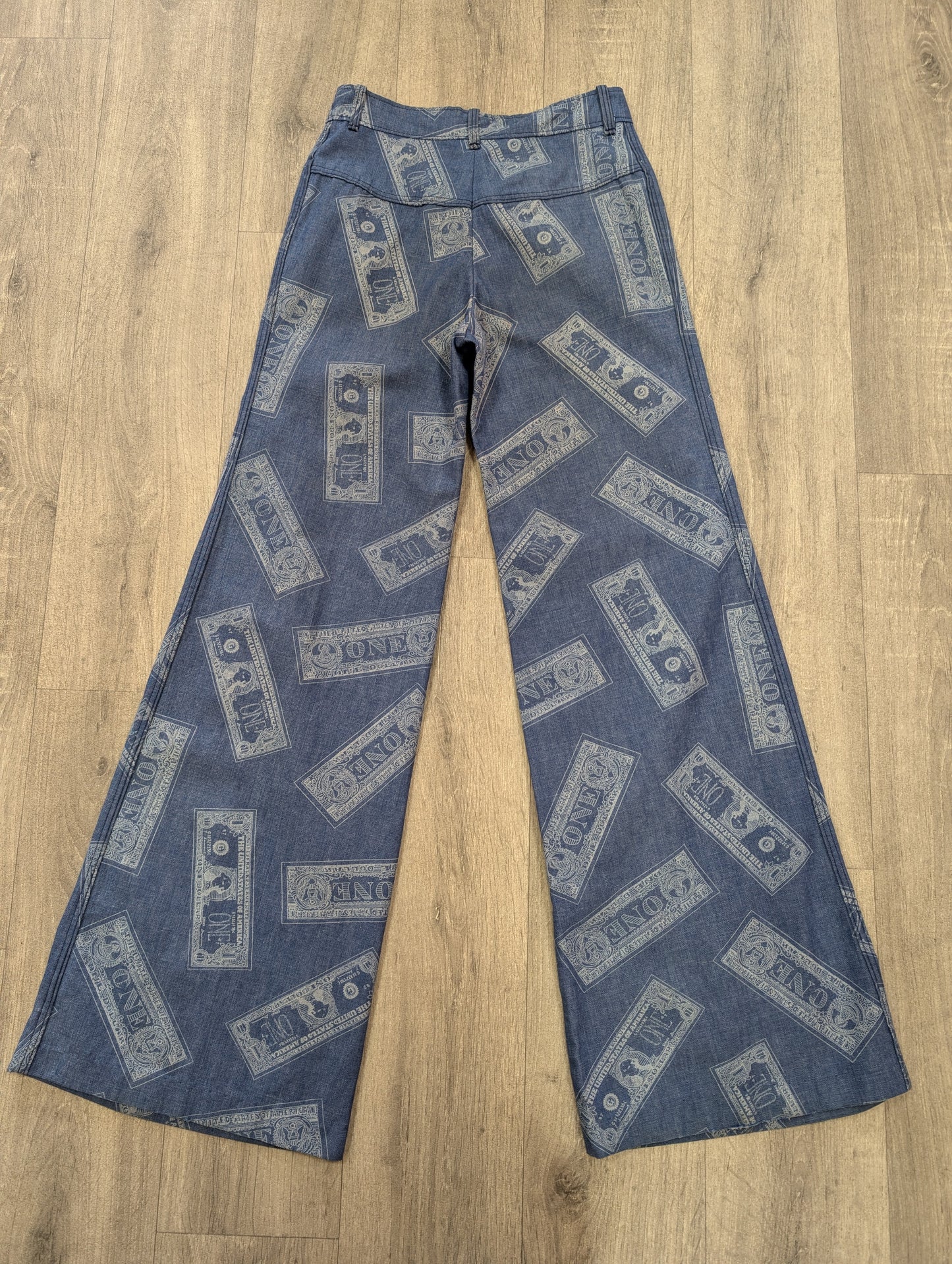 Epic 1970s Dereta novelty dollar bill print flares - 26"W 32"L