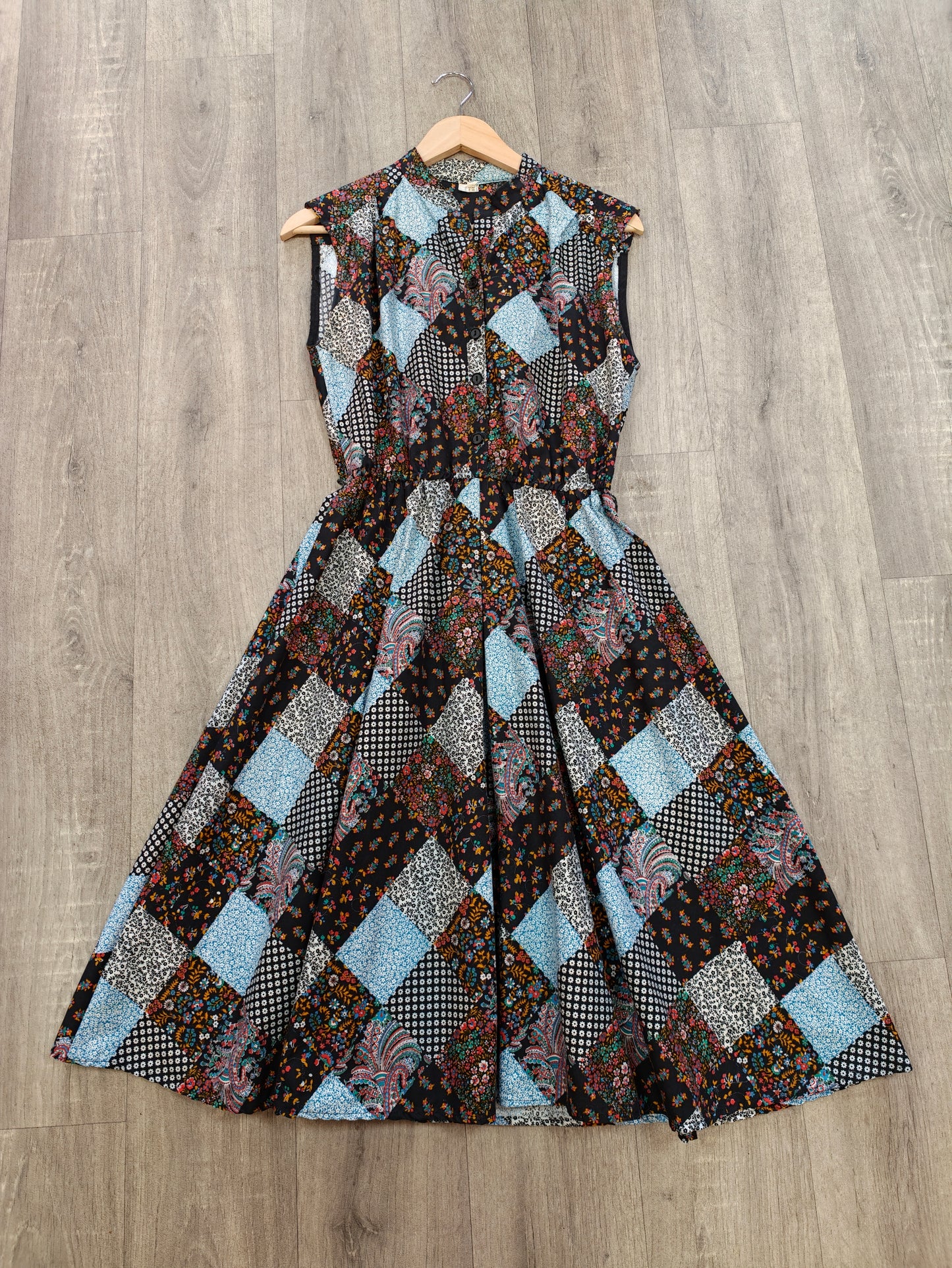 1970s patchwork print cotton dress - S/M
