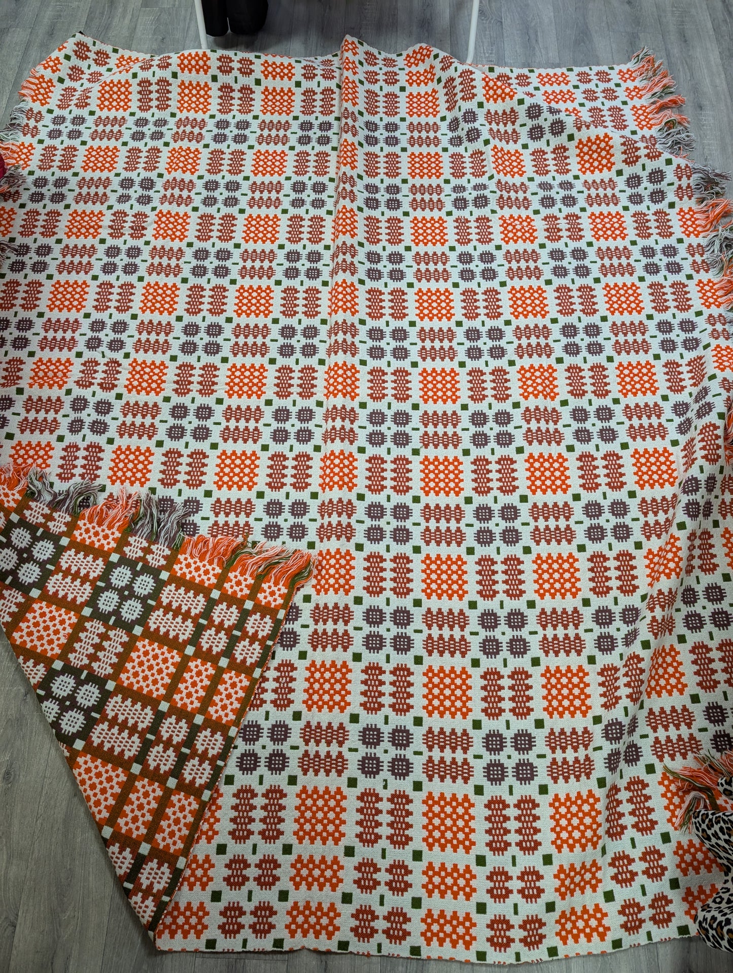 Gorgeous Derw Welsh tapestry wool fringed orange blanket