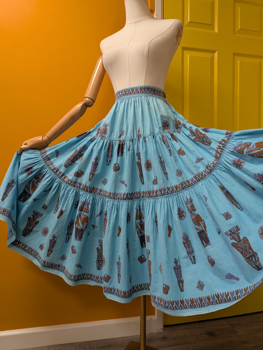 1950s blue cotton tiered novelty tribal print skirt - 23"/24" waist