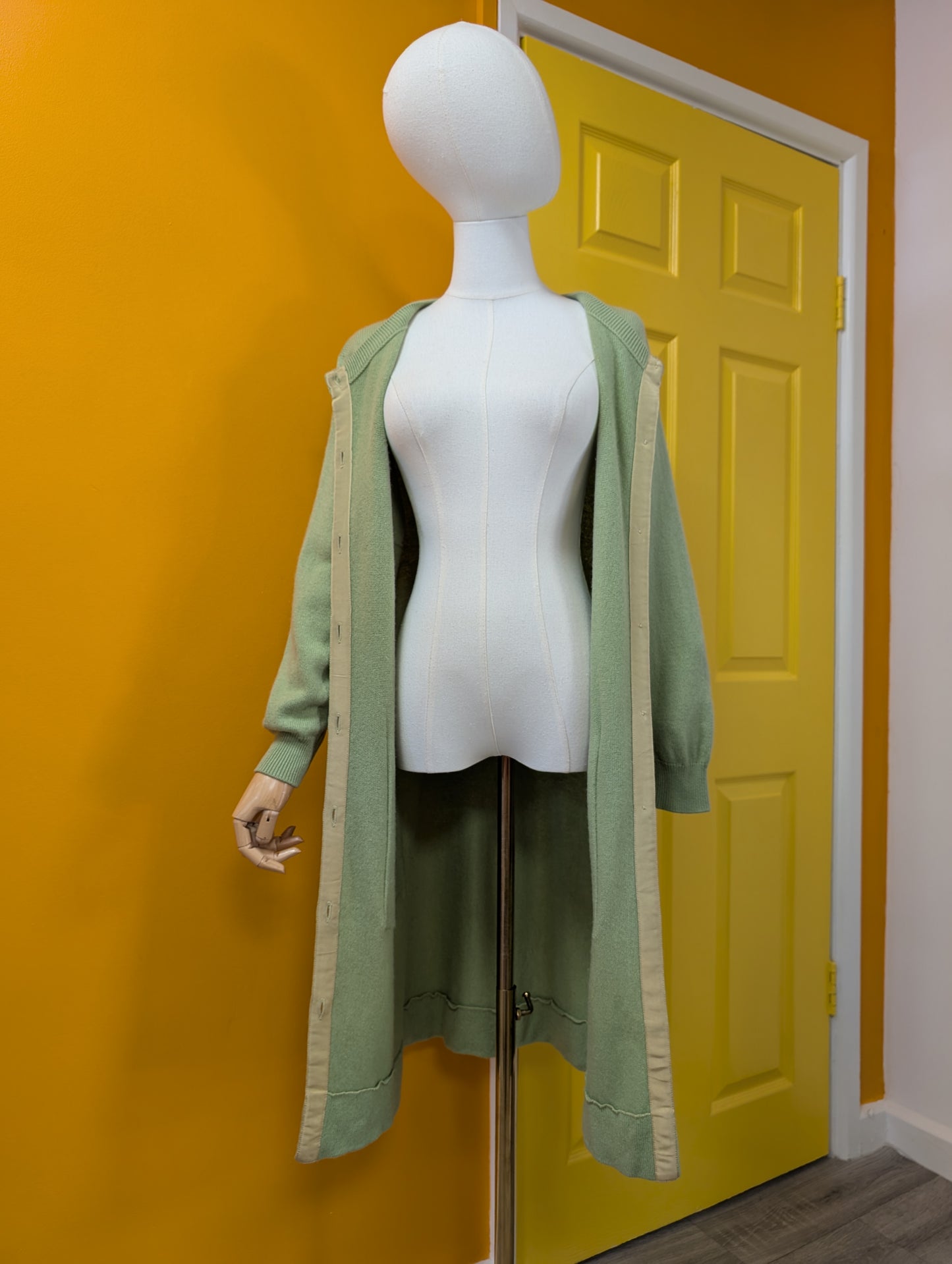 Gorgeous 1960s Bonnie Cashin Ballantyne cashmere long green cardigan