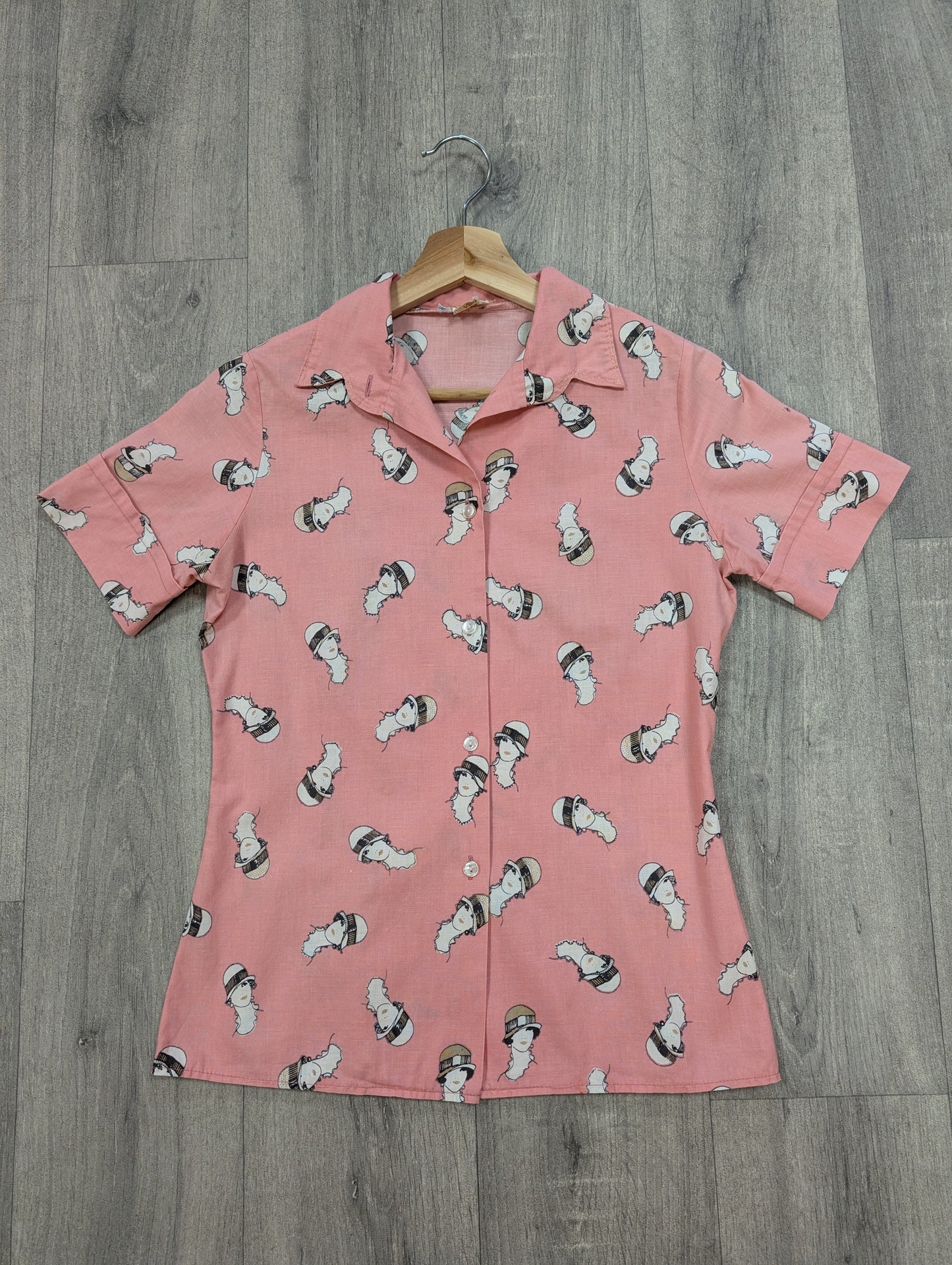 1970s Vinetta pink novelty print cotton shirt - XS