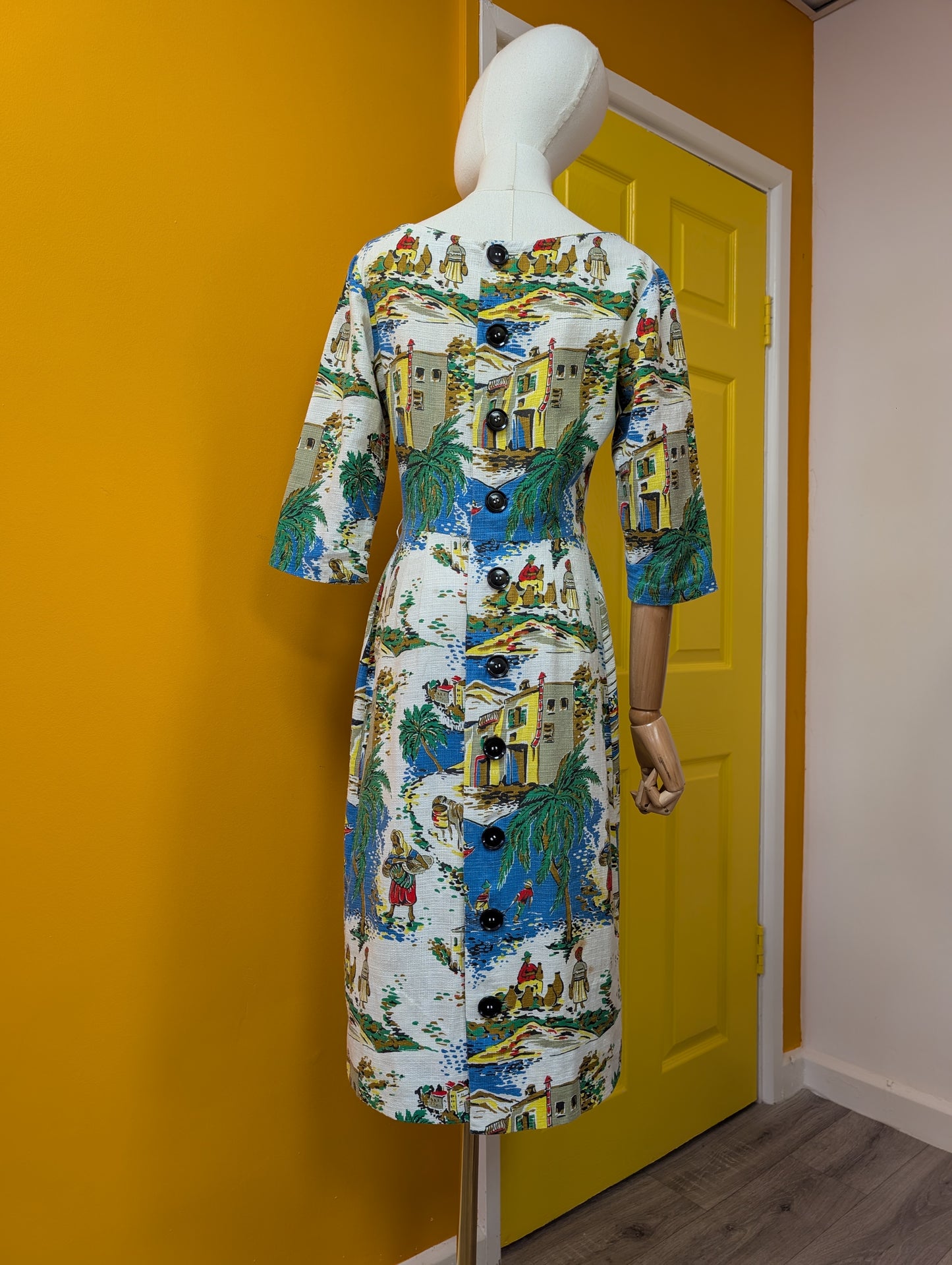 50s/60s Selincourt novelty print barkcloth dress - S/10