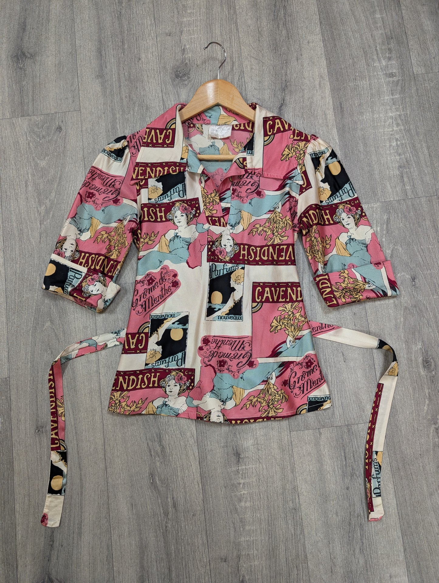 1970s Dorothy Perkins novelty Art Nouveau print tie waist top - XS/S