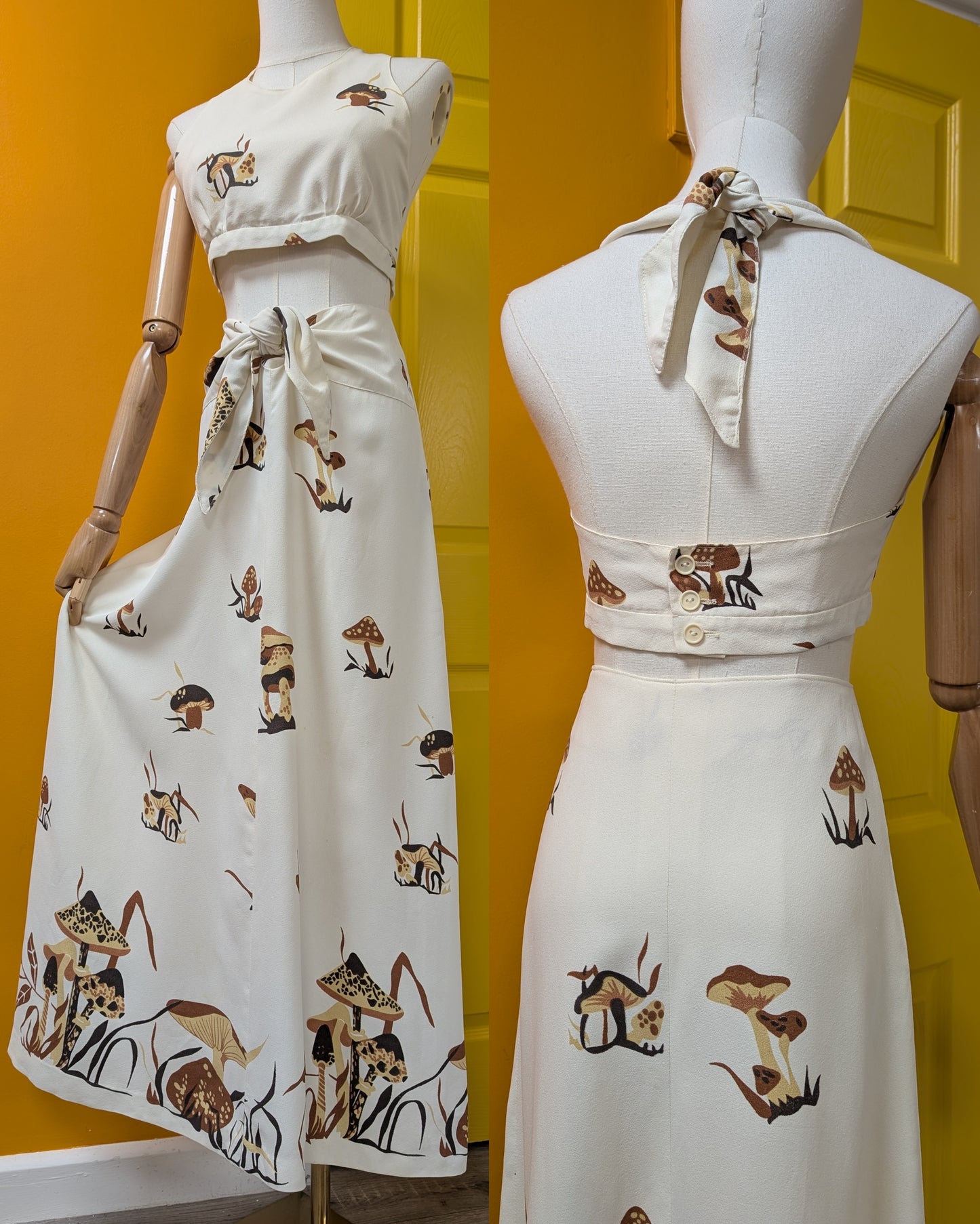 1970s novelty mushroom print halter top and skirt - S/8