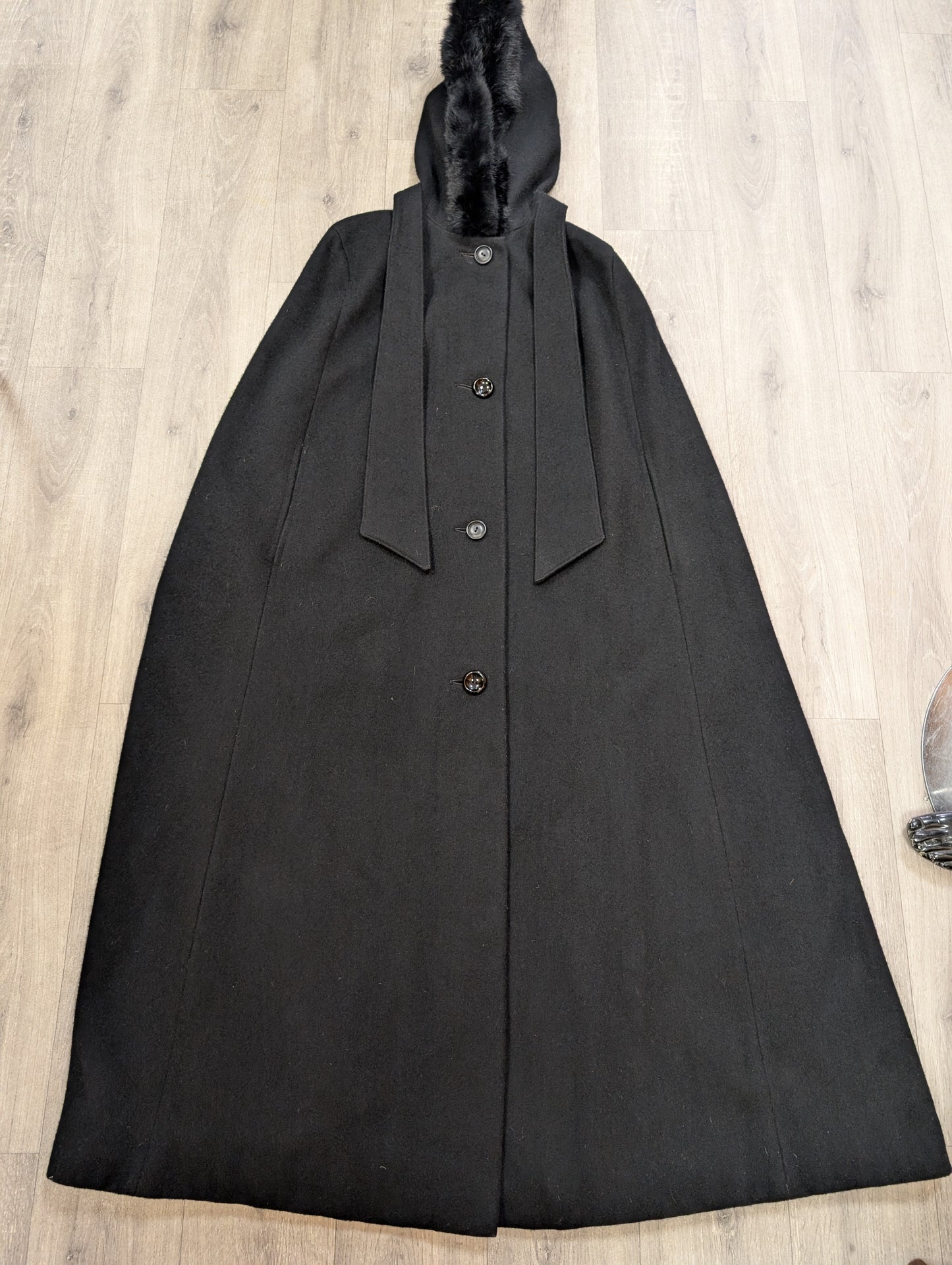 1960s Raymond of London black wool cape with fur trim