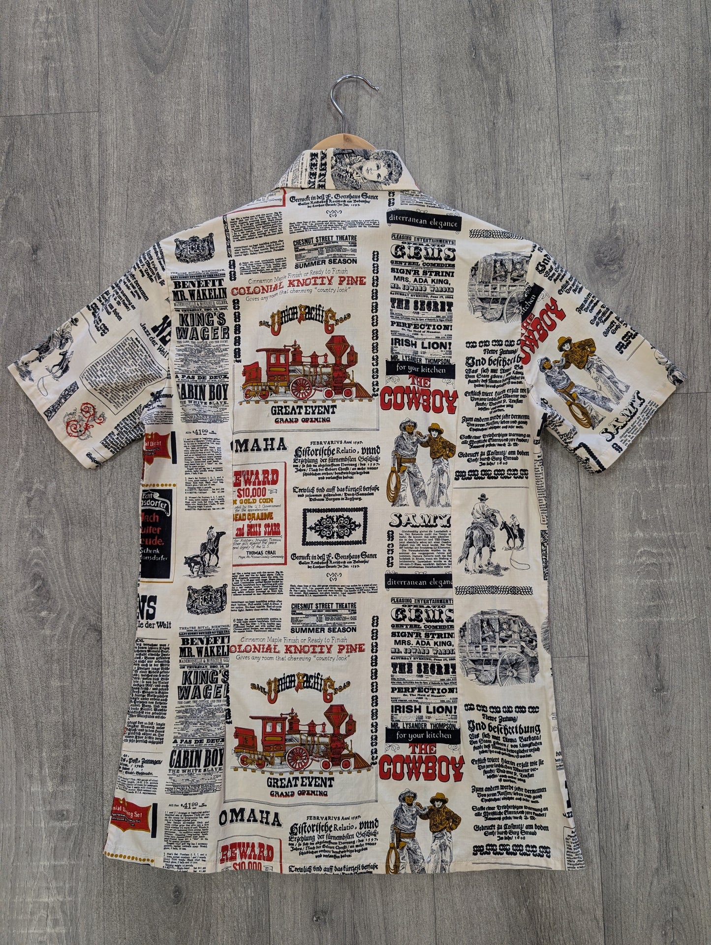 1970s St Michael novelty newspaper print dagger collar shirt