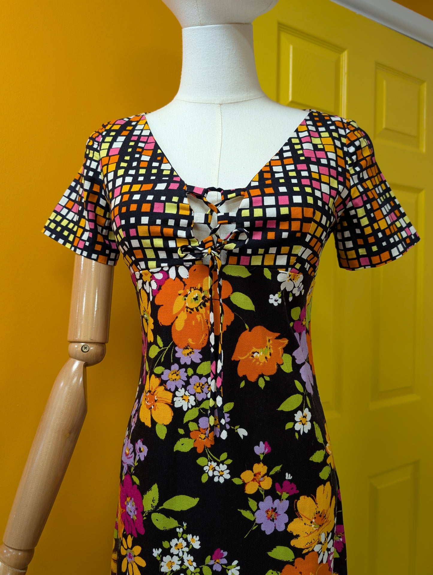 60s/70s Polly Peck psychedelic floral cotton dress - XS/S/6/8