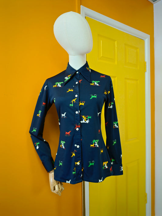 1970s dog print dagger collar shirt - XS/S
