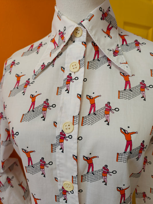 1970s novelty tennis print cotton dagger collar shirt - M