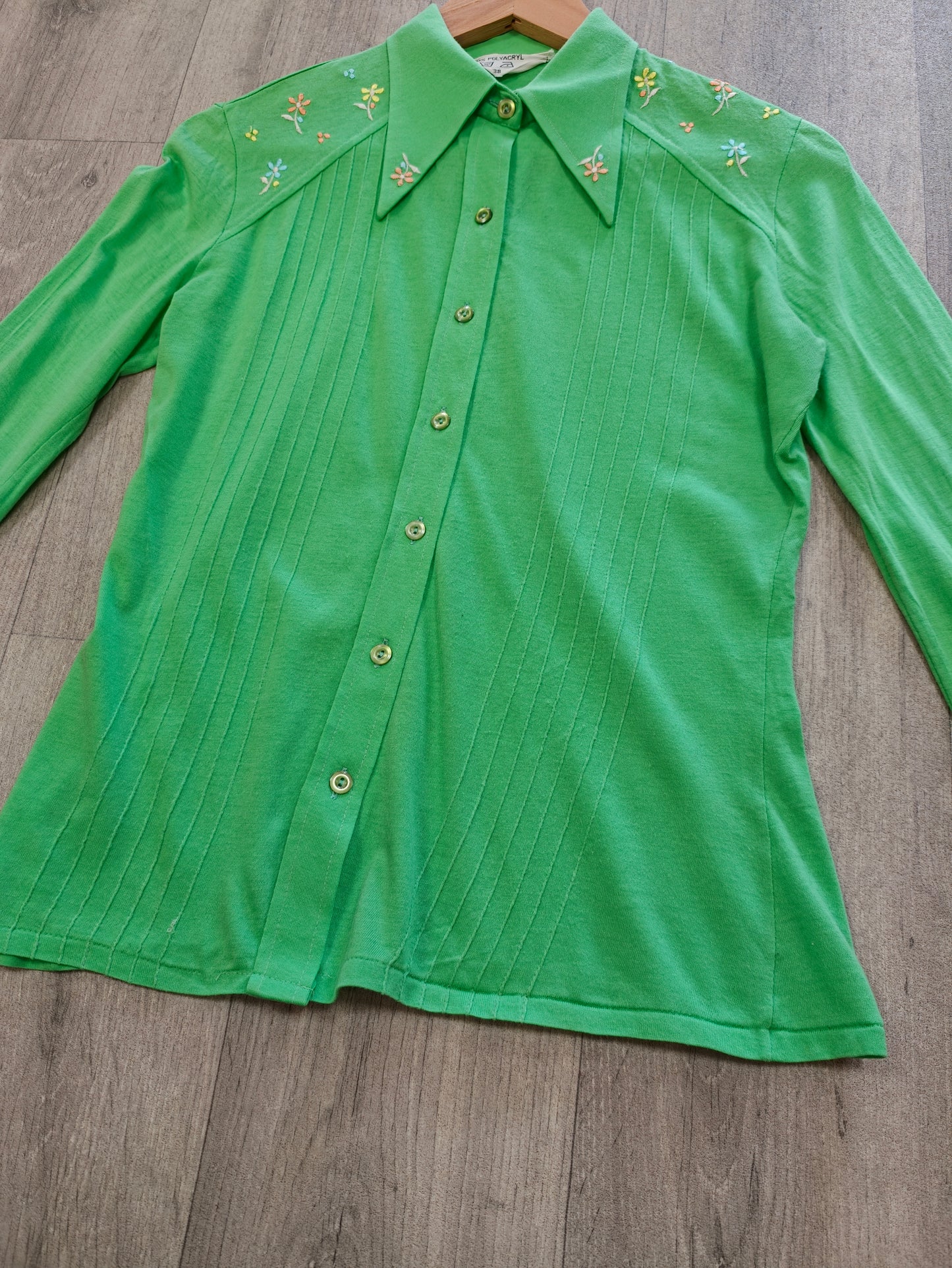 1970s embroidered green dagger collar shirt - S/M