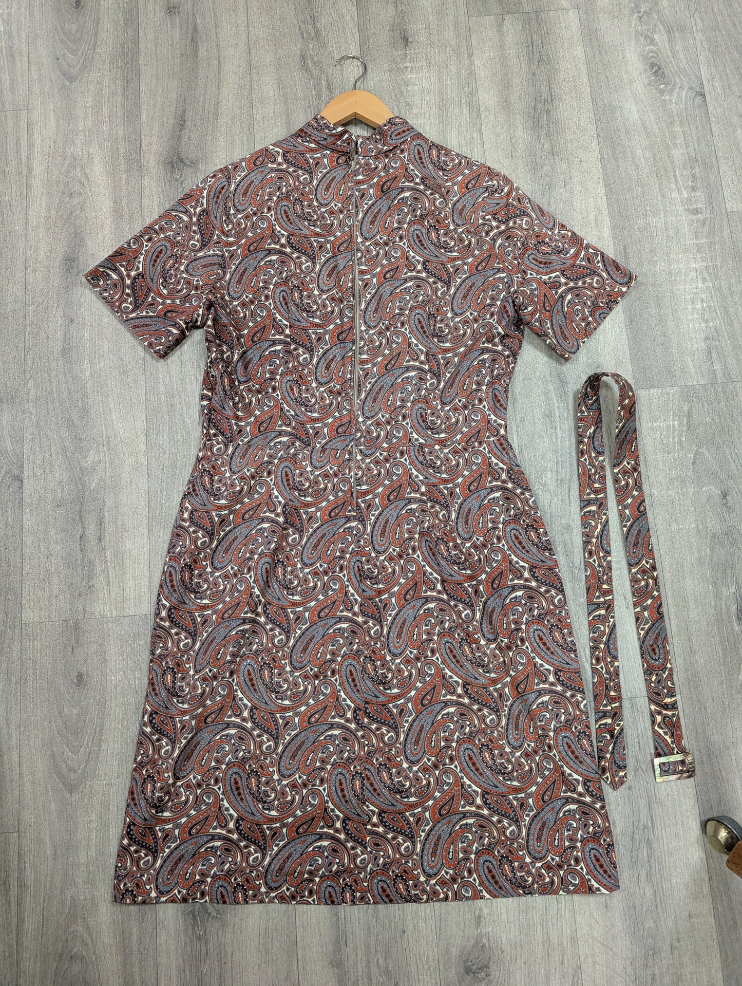 1960s brown paisley dress & belt - M/14