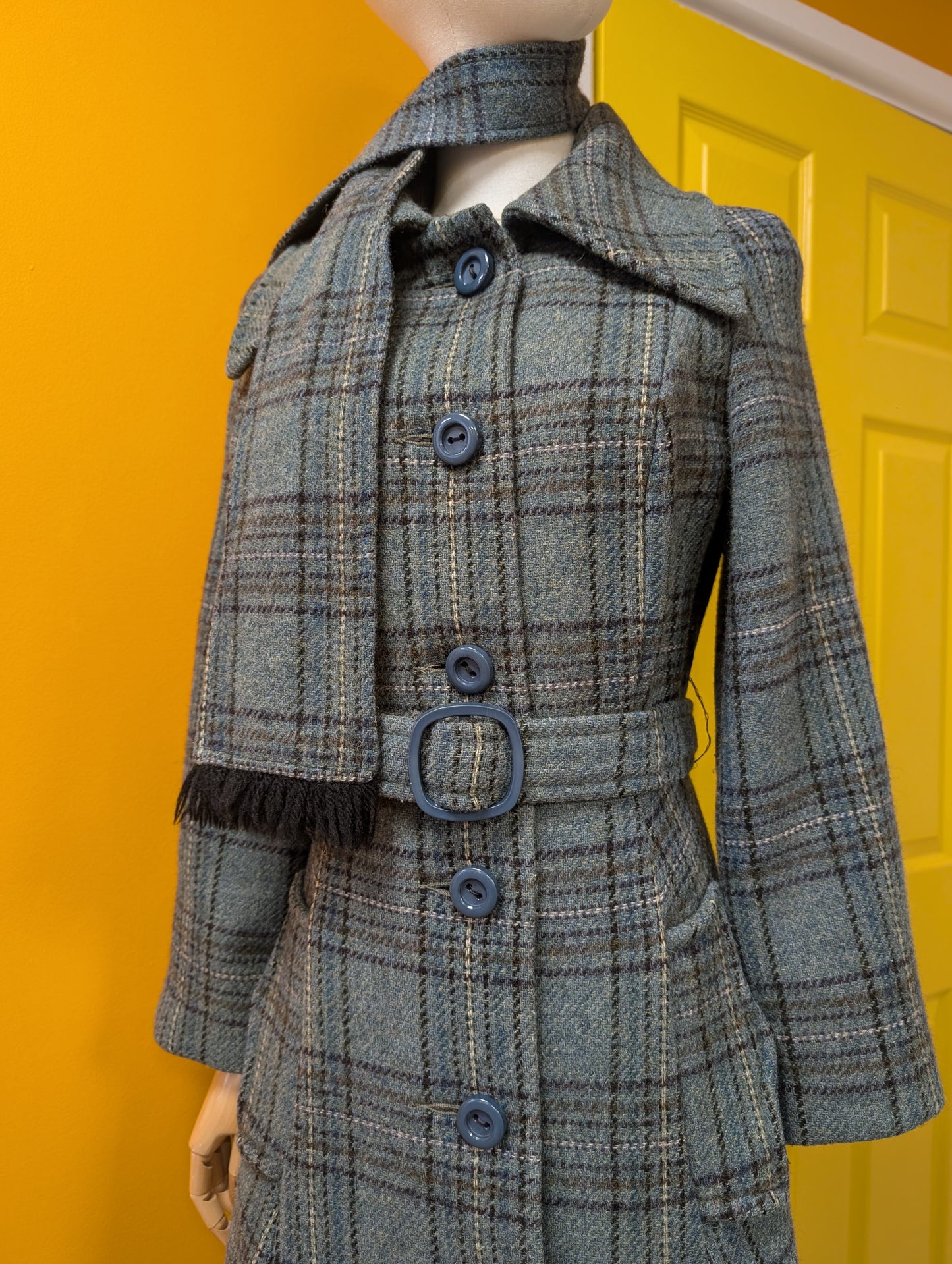 1970s wool blend coat, belt & scarf