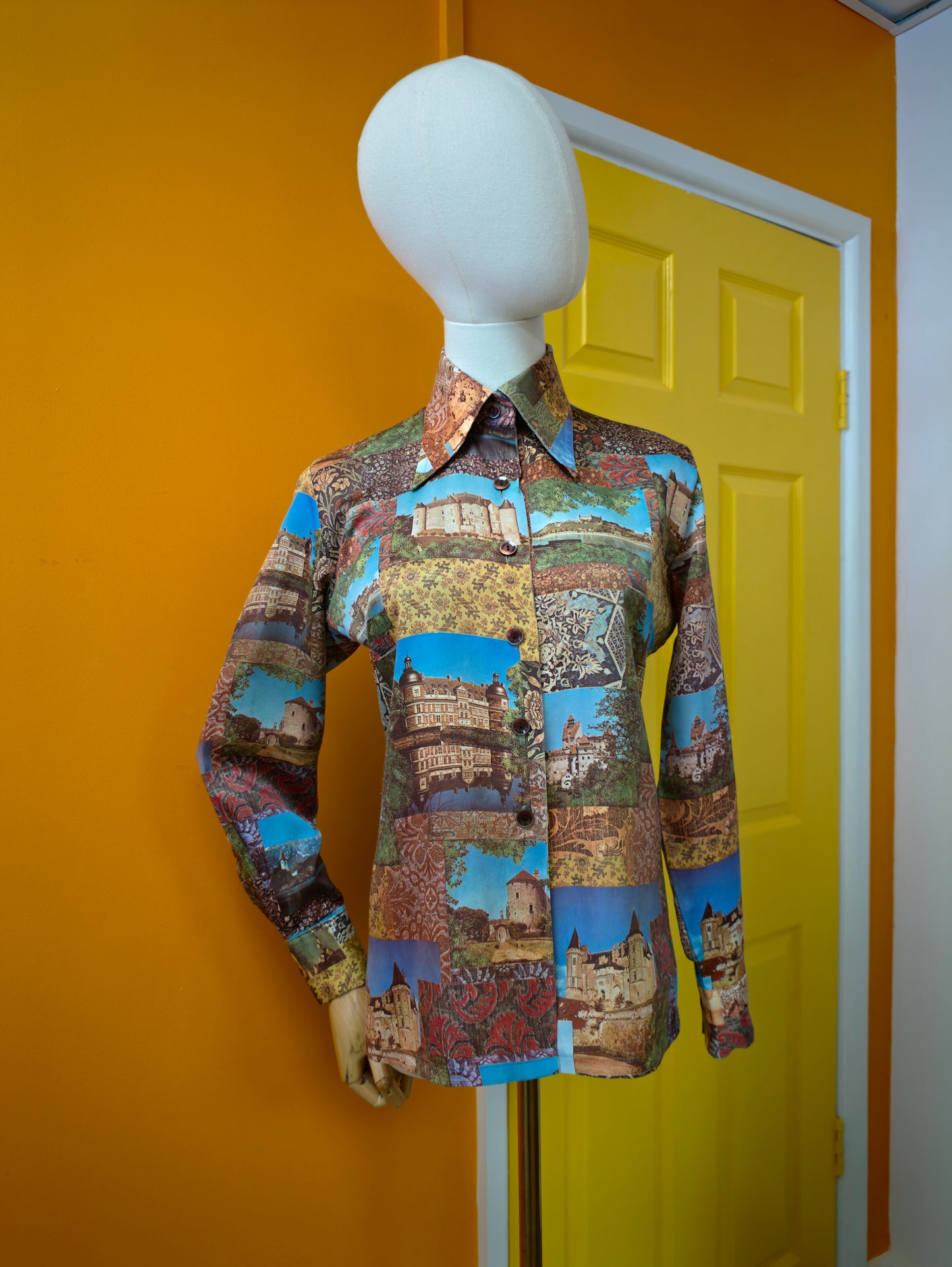 1970s Charisma novelty photo print dagger collar shirt - S/M