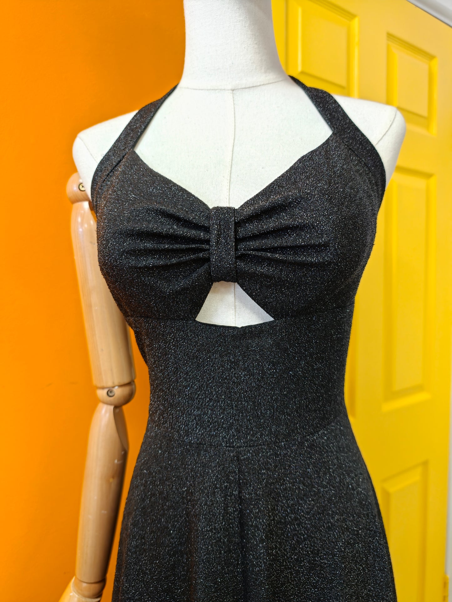 1970s Puszta black & silver lurex halter neck maxi dress with cut out - 10/12