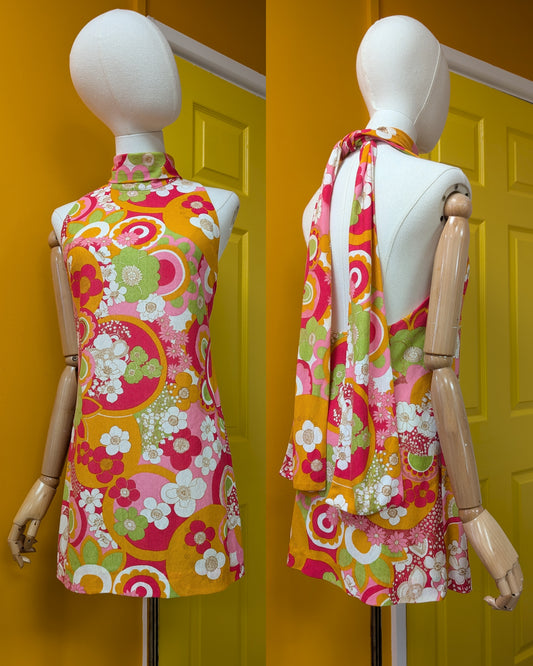 1960s Alistair Cowin psychedelic backless mini dress - S/8