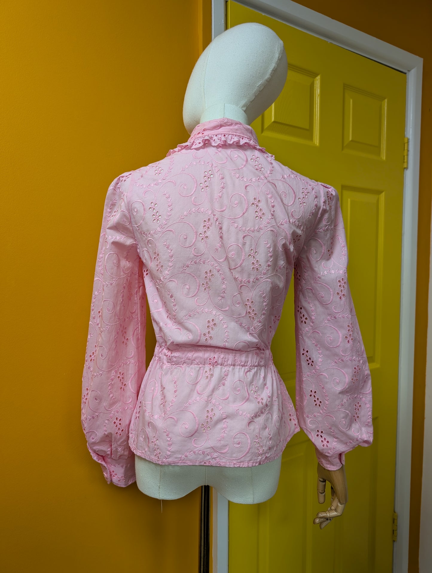 1970s pink broderie anglaise cotton blouse - XS