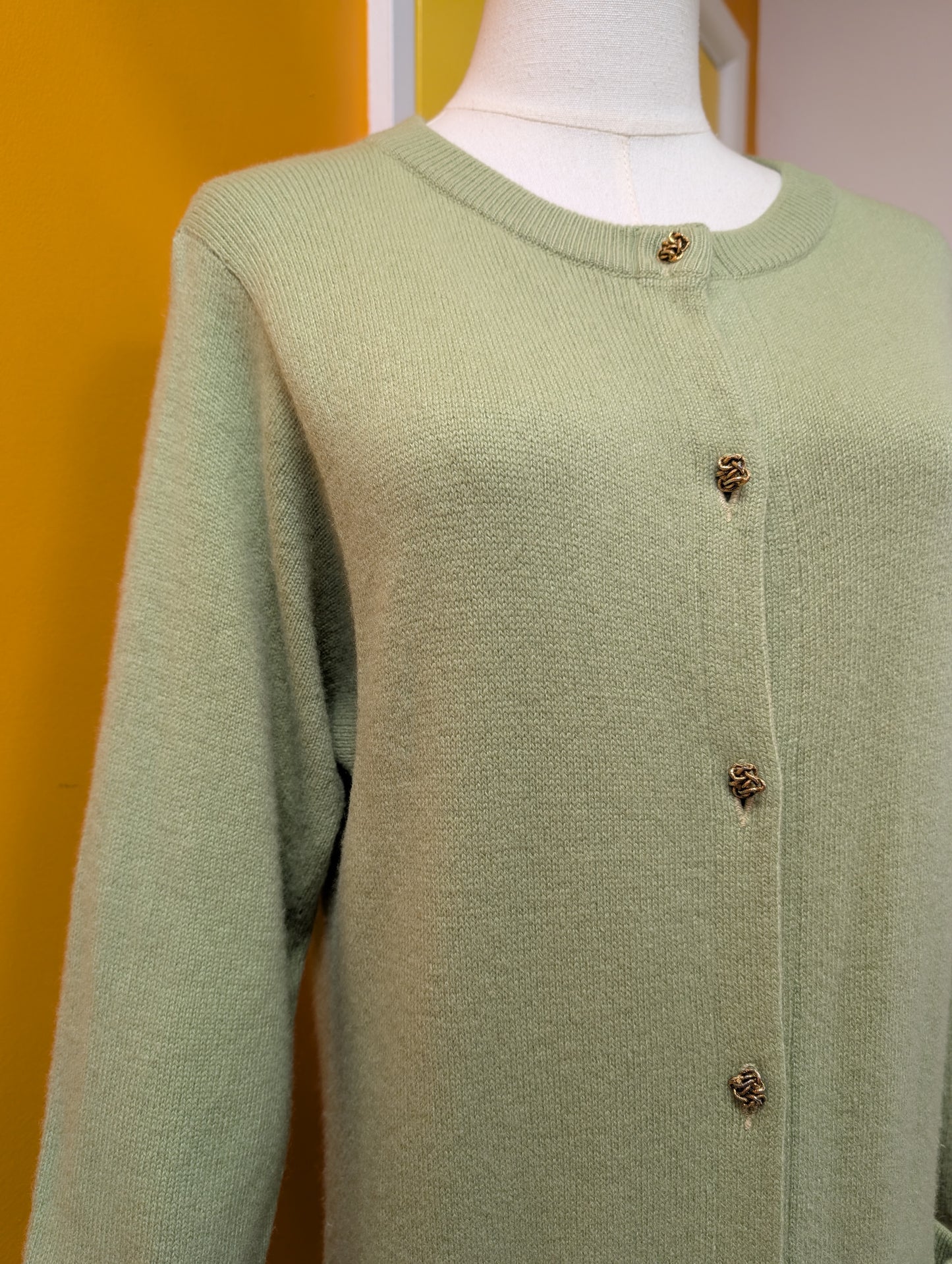 Gorgeous 1960s Bonnie Cashin Ballantyne cashmere long green cardigan